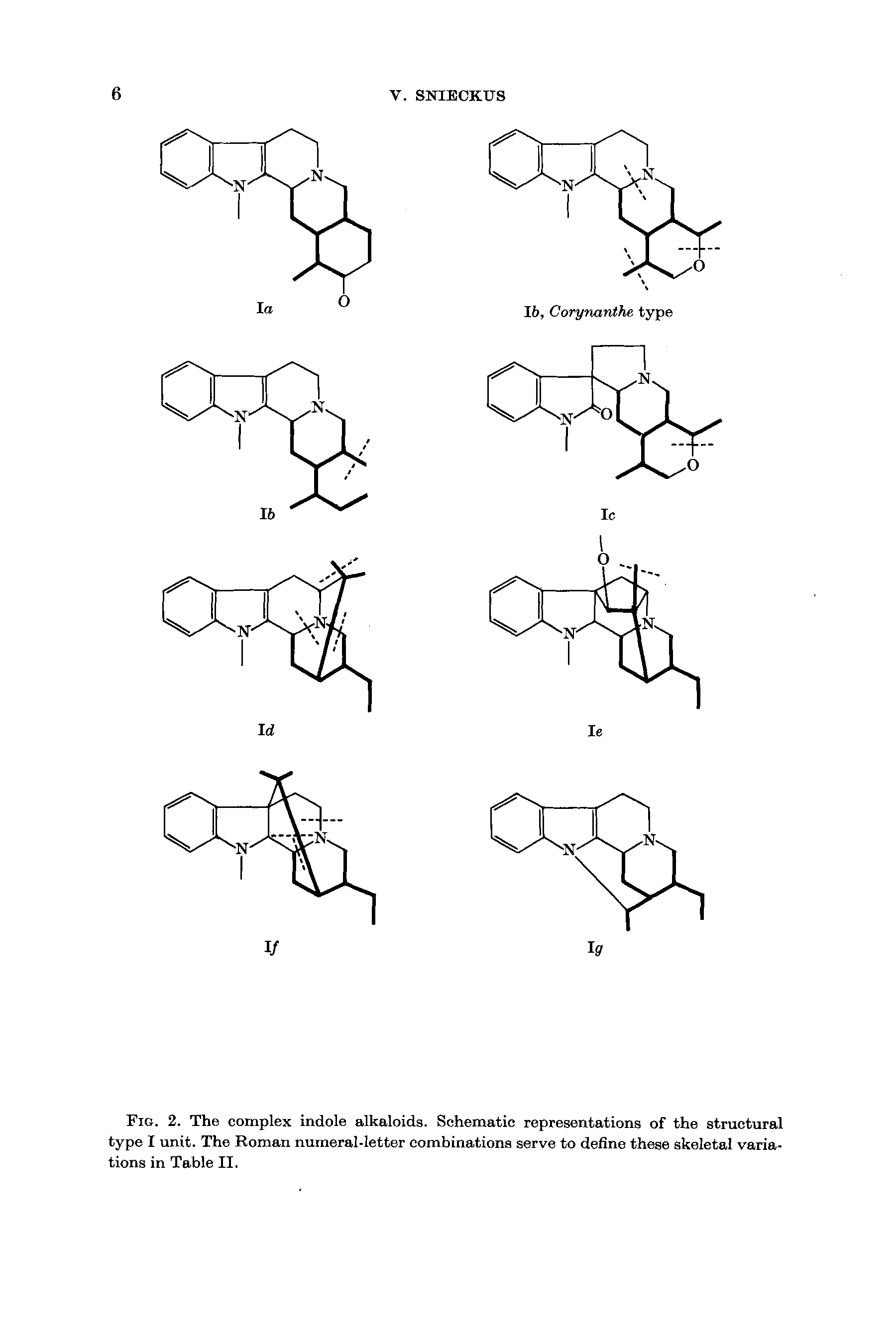 Fig. 2. The complex indole alkaloids. Schematic representations of the structural type I unit. The Roman numeral-letter combinations serve to define these skeletal variations in Table II.