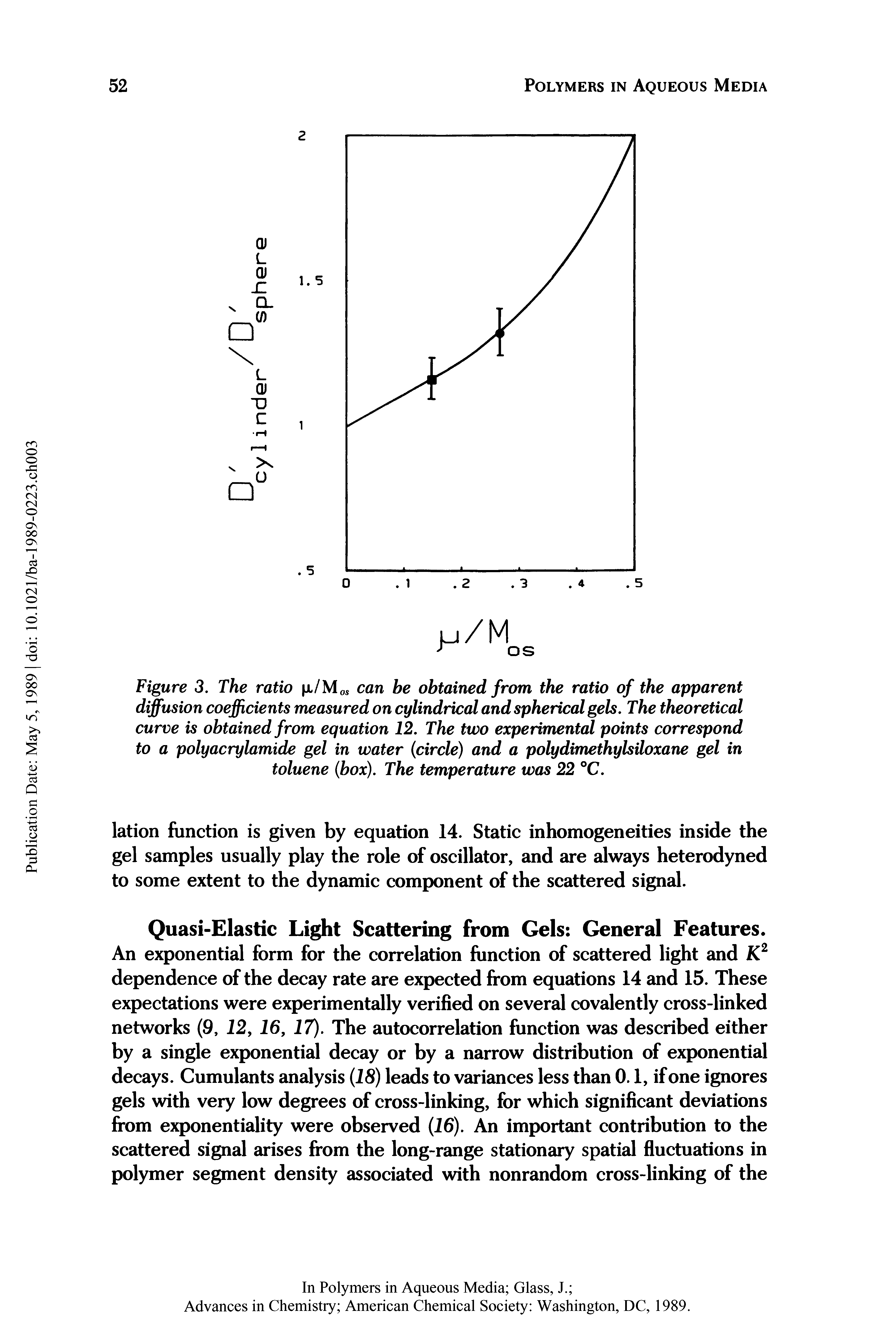Figure 3. The ratio jx/Mo can be obtained from the ratio of the apparent diffusion coefficients measured on cylindrical and spherical gels. The theoretical curve is obtained from equation 12. The two experimental points correspond to a polyacrylamide gel in water (circle) and a polydimethylsiloxane gel in toluene (box). The temperature was 22 °C.