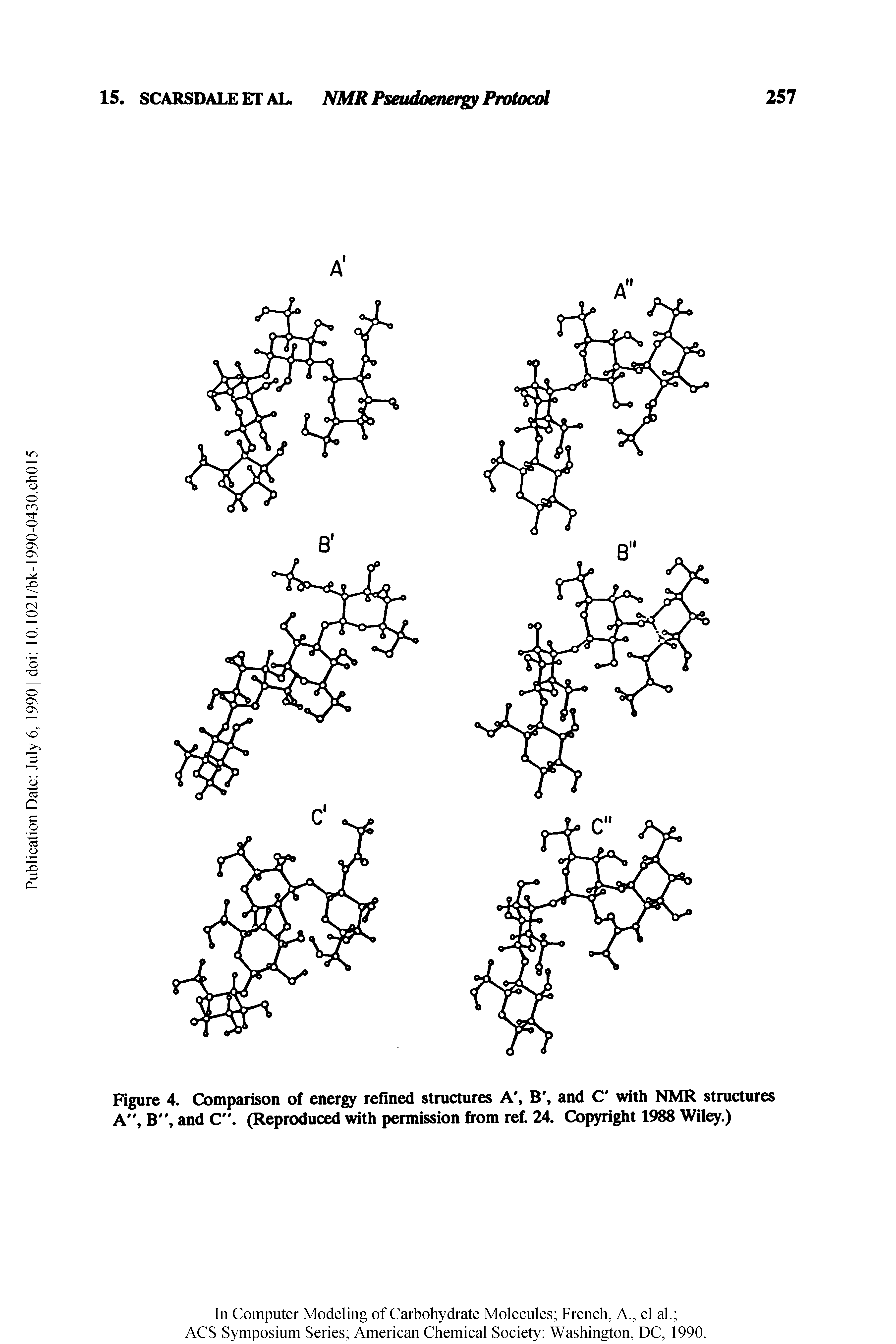 Figure 4. Comparison of energy refined structures A, B, and C with NMR structures A", B", and C". (Reproduced with permission from ref. 24. Copyright 1988 Wiley.)...