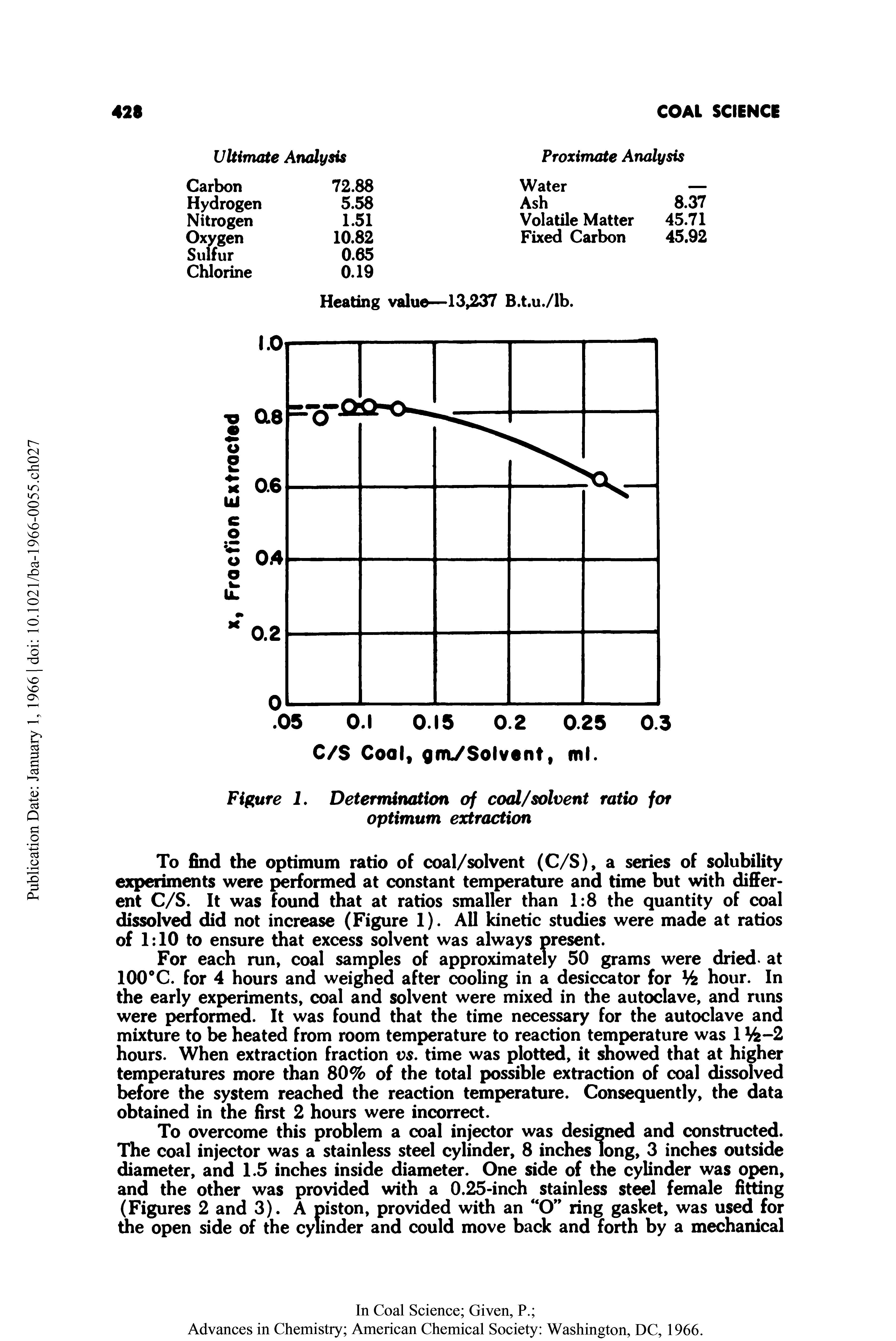 Figure I. Determination of coal/solvent ratio for optimum extraction...