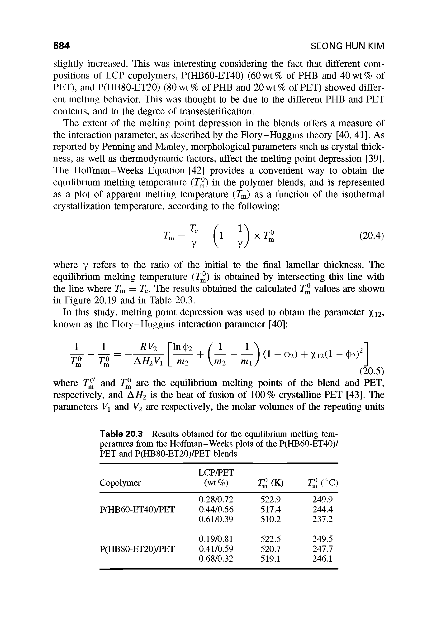 Table 20.3 Results obtained for the equilibrium melting temperatures from the Hoffman-Weeks plots of the P(HB60-ET40)/ PET and P(HB80-ET20)/PET blends...