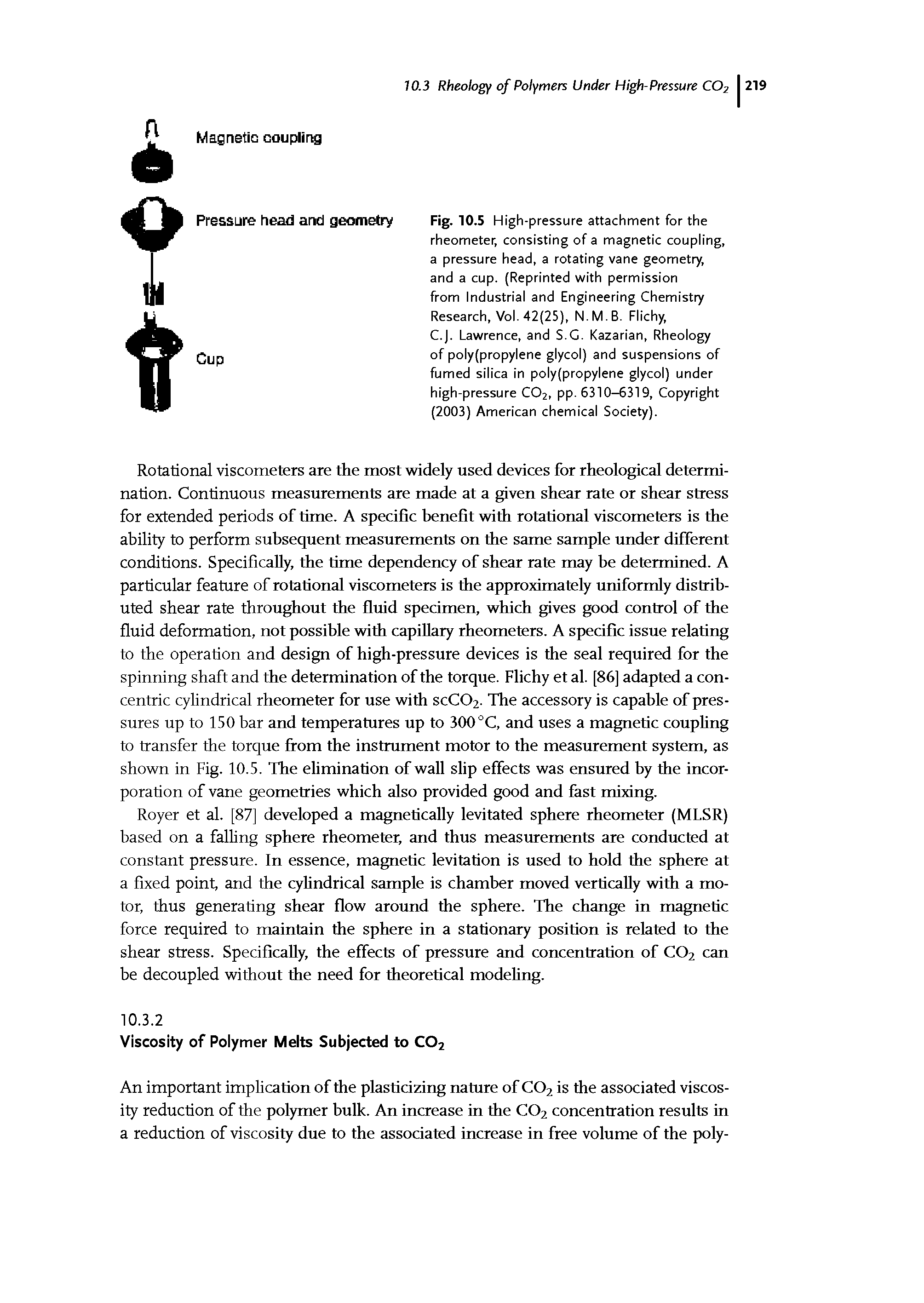 Fig. 10.5 High-pressure attachment for the rheometer, consisting of a magnetic coupiing, a pressure head, a rotating vane geometry, and a cup. (Reprinted with permission from industriai and Engineering Chemistry Research, Voi. 42(25), N.M.B. Fiichy,...