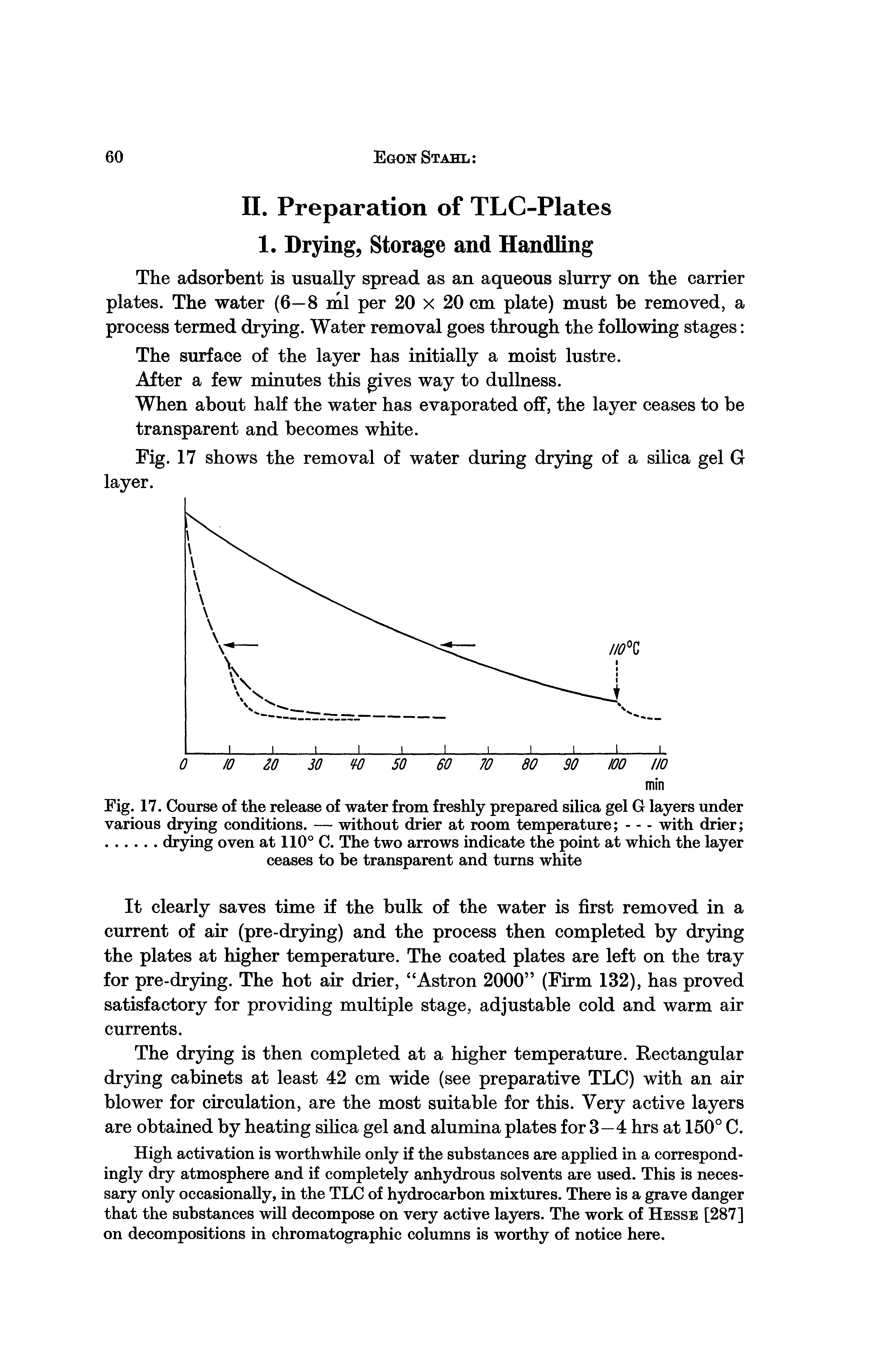 Fig. 17. Course of the release of water from freshly prepared silica gel G layers under...