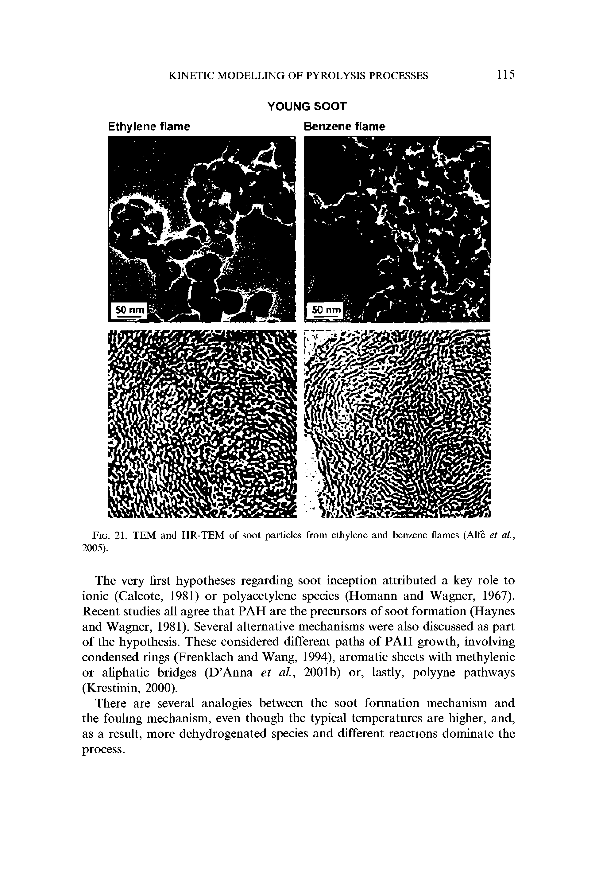 Fig. 21. TEM and HR-TEM of soot particles from ethylene and benzene flames (Alfe et al., 2005).