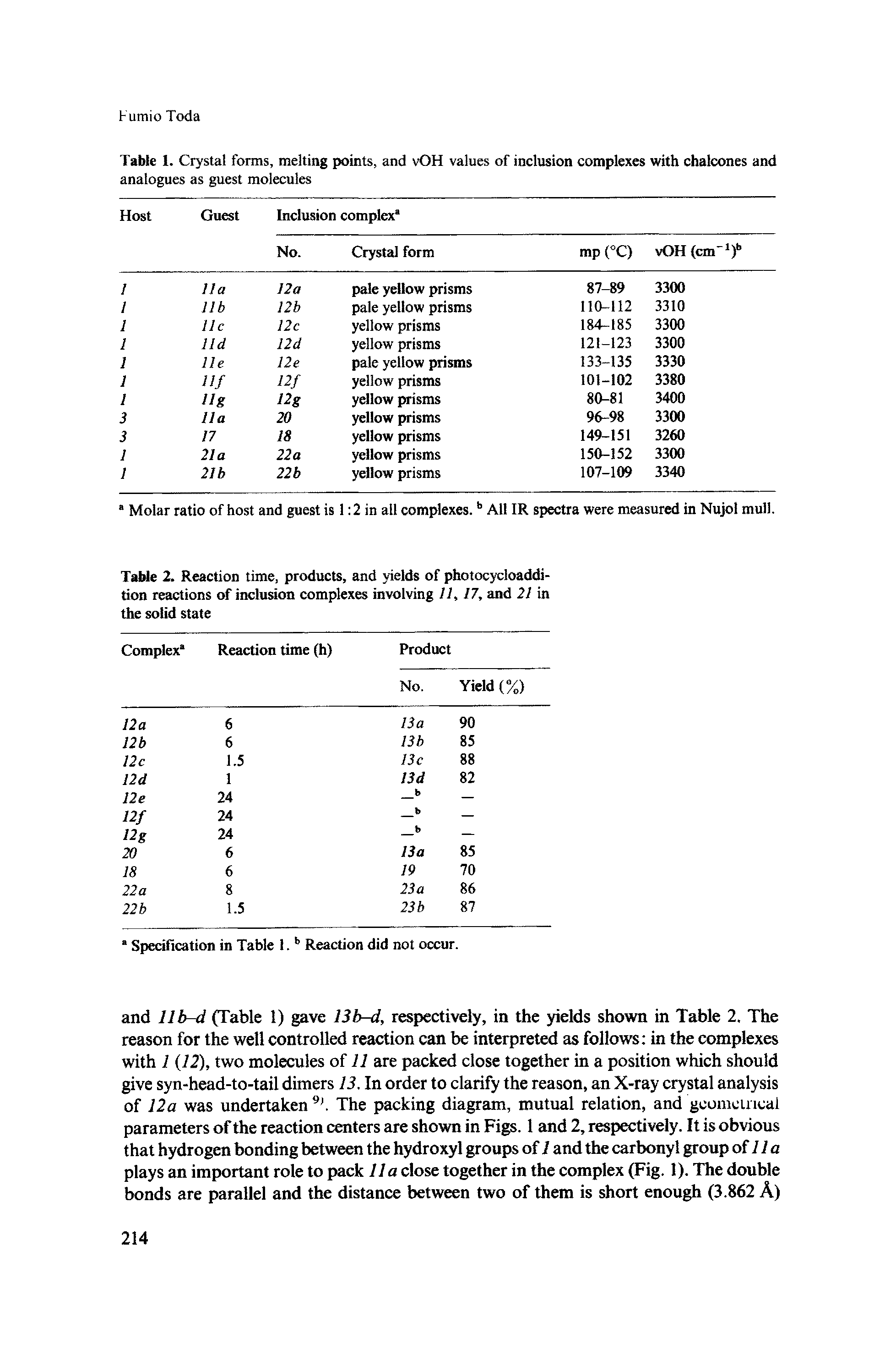 Table 2. Reaction time, products, and yields of photocycloaddition reactions of inclusion complexes involving 11,17, and 21 in the solid state...