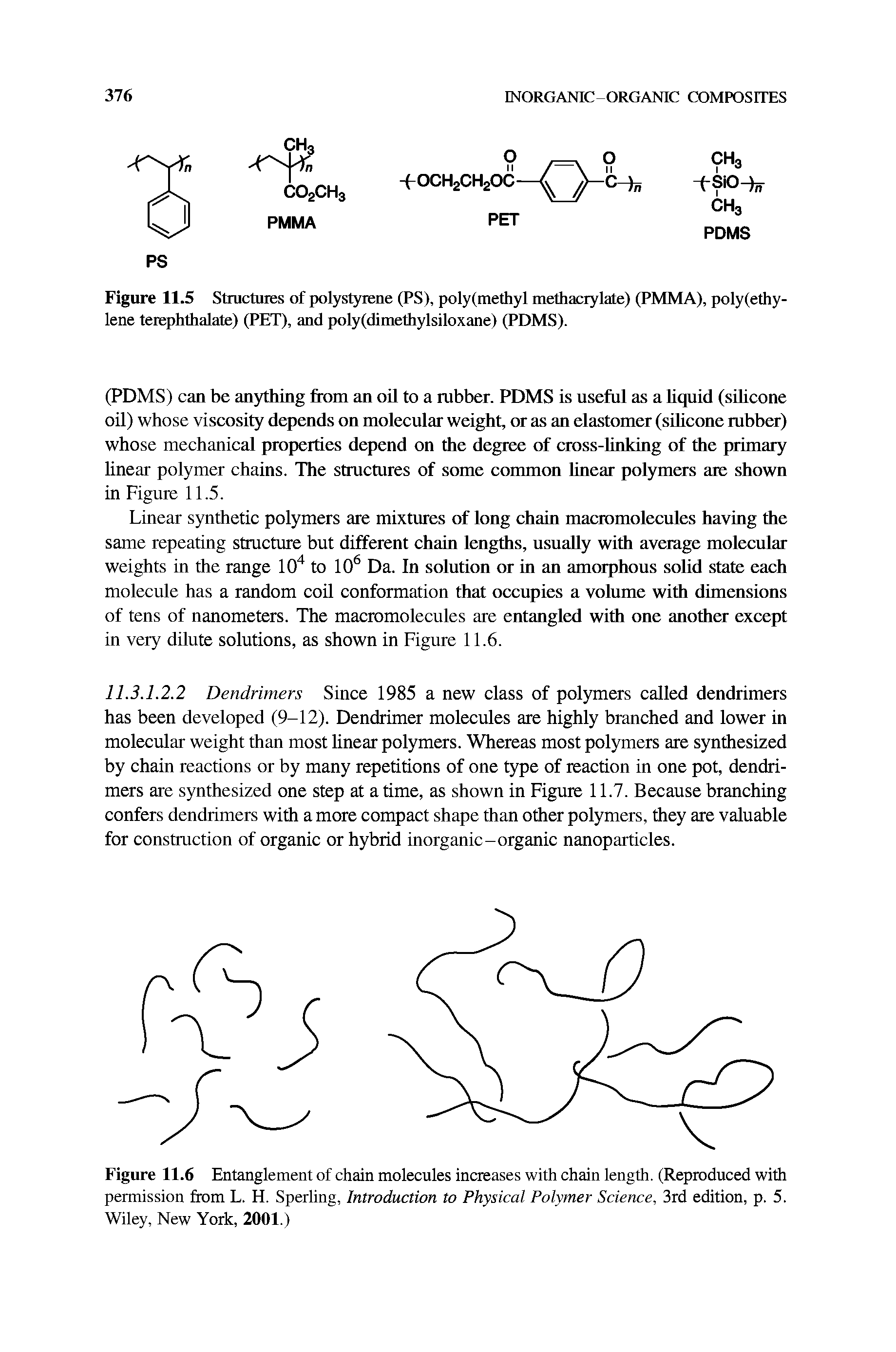 Figure 11.6 Entanglement of chain molecules increases with chain length. (Reproduced with permission from L. H. Sperling, Introduction to Physical Polymer Science, 3rd edition, p. 5. Wiley, New York, 2001.)...