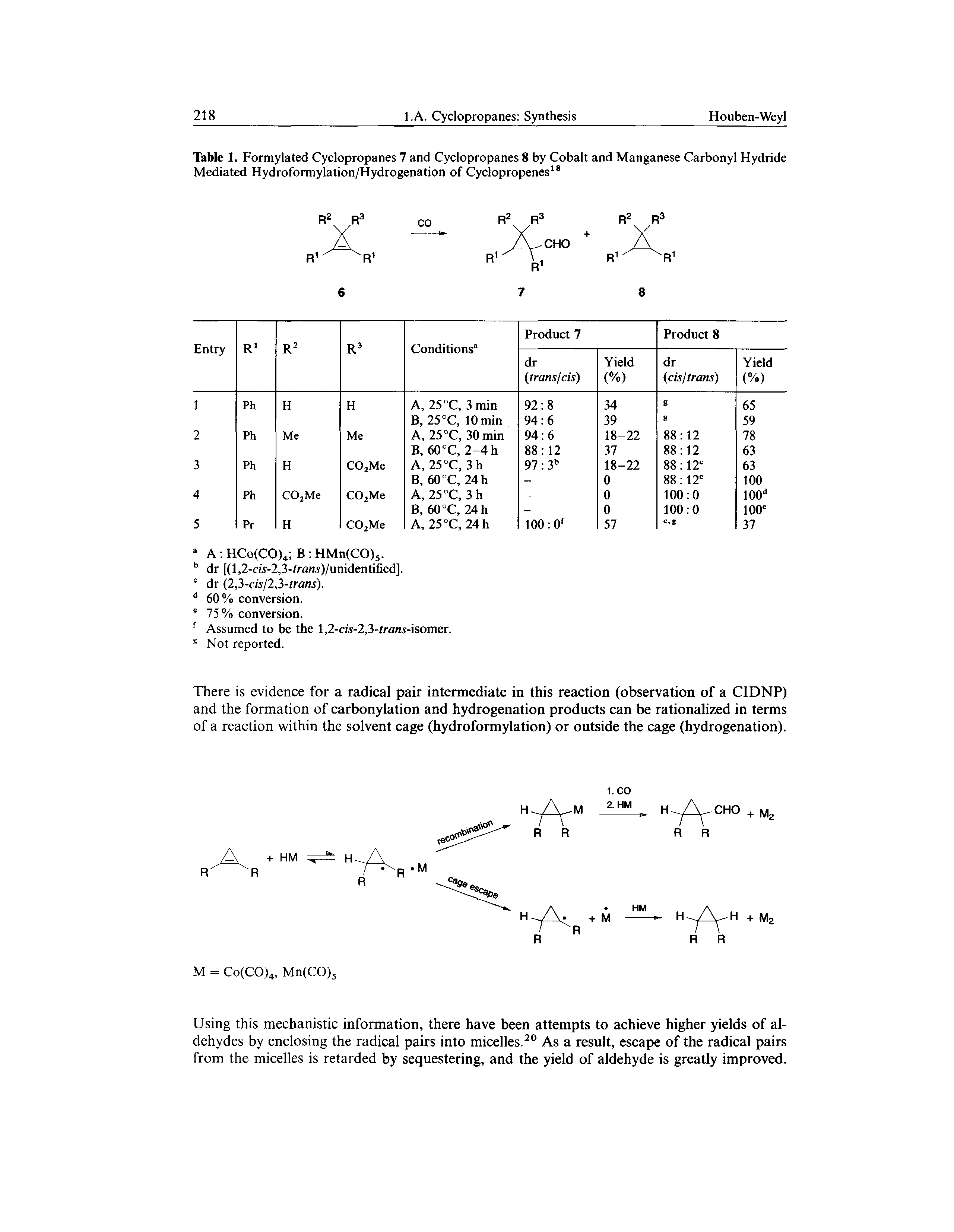 Table 1. Formylated Cyclopropanes 7 and Cyclopropanes 8 by Cobalt and Manganese Carbonyl Hydride Mediated Hydroformylation/Hydrogenation of Cyclopropenes ...