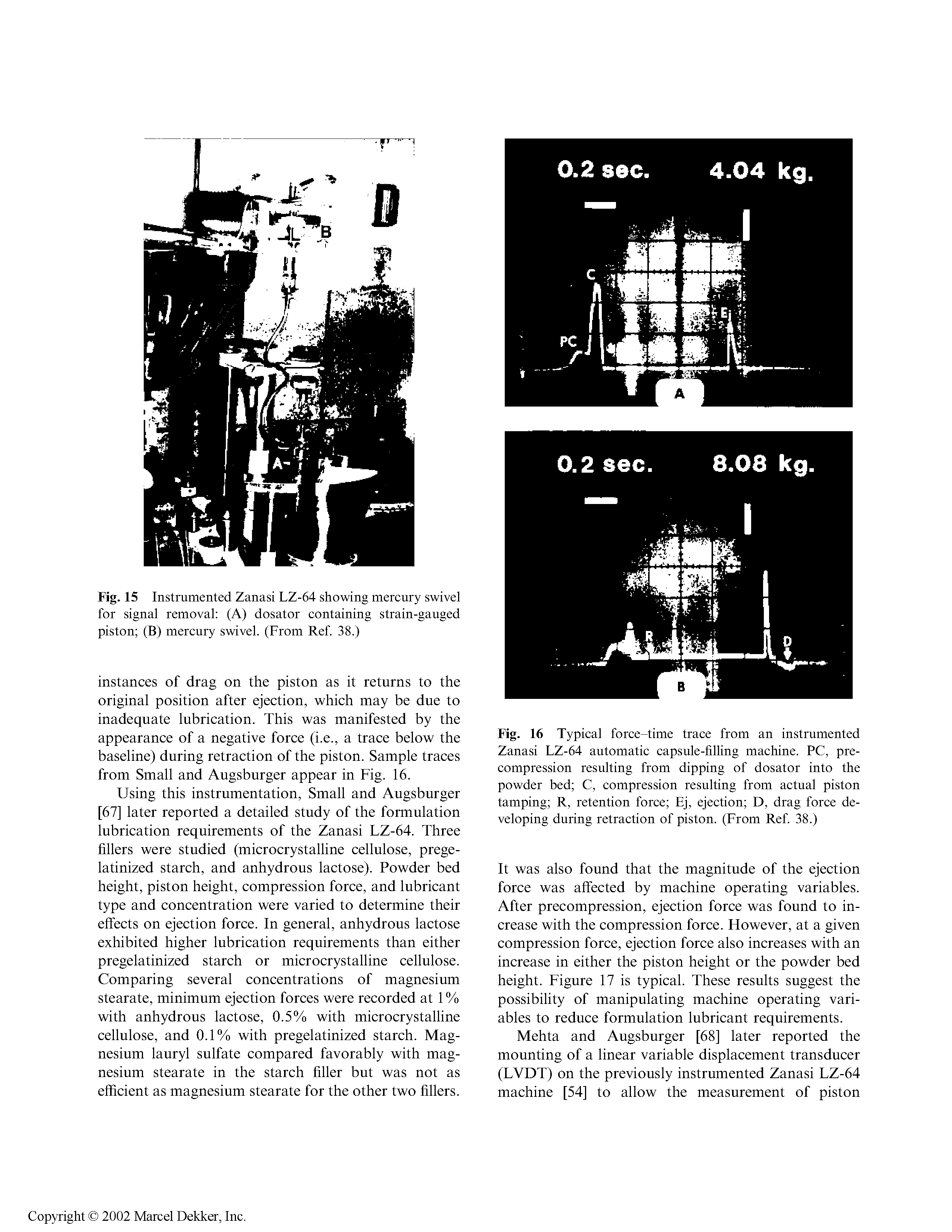 Fig. 16 Typical force-time trace from an instrumented Zanasi LZ-64 automatic capsule-filling machine. PC, precompression resulting from dipping of dosator into the powder bed C, compression resulting from actual piston tamping R, retention force Ej, ejection D, drag force developing during retraction of piston. (From Ref. 38.)...