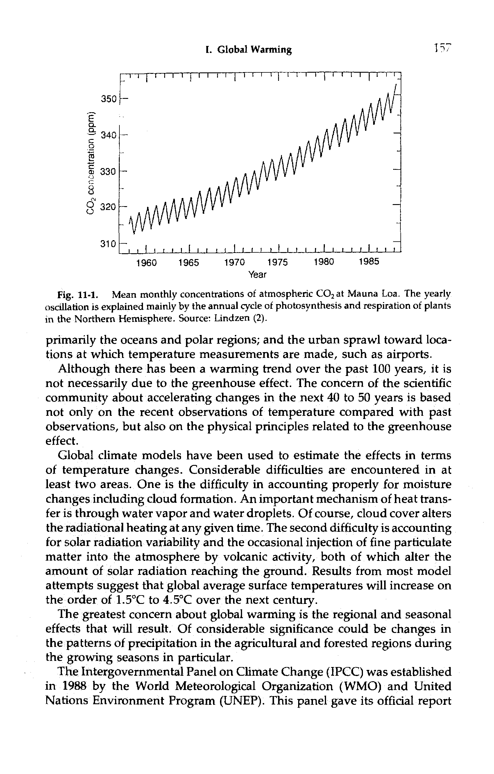 Fig. 11-1. Mean monthly concentrations of atmospheric C02at Mauna Loa. The yearly oscillation is explained mainly by the annual cycle of photosynthesis and respiration of plants in the Northern Hemisphere. Source Lindzen (2).