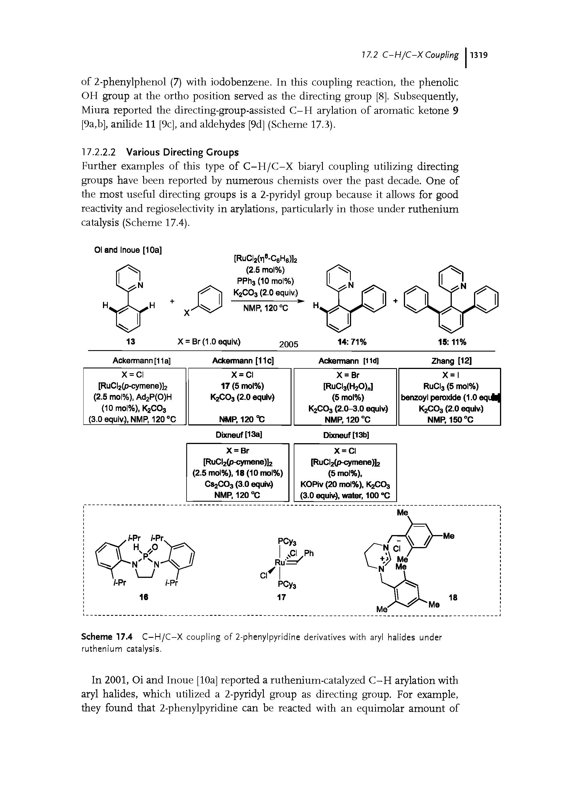 Scheme 17.4 C-H/C-X coupling of 2-phenylpyridine derivatives with aryl halides under ruthenium catalysis.