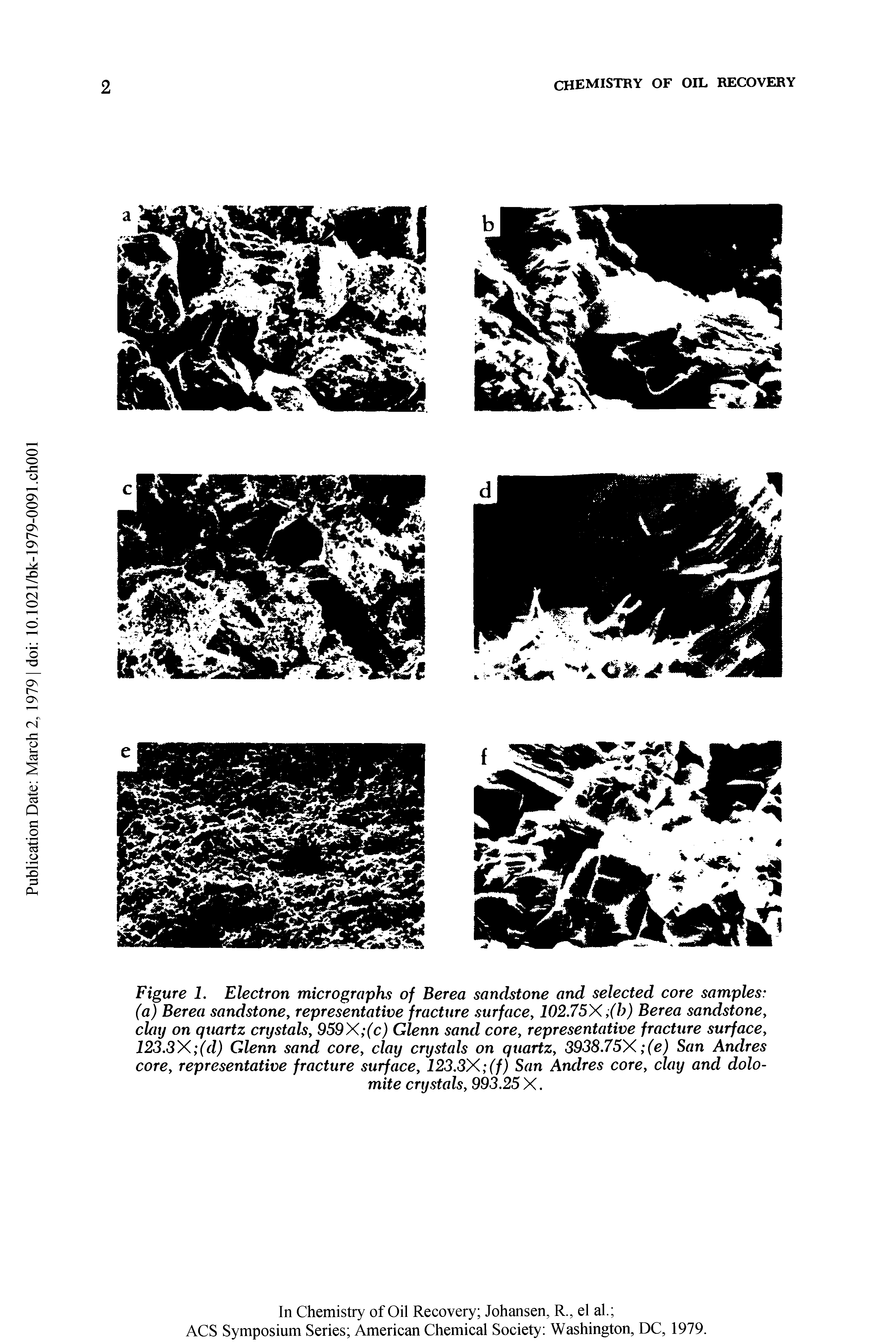 Figure 1. Electron micrographs of Berea sandstone and selected core samples (a) Berea sandstone, representative fracture surface, 102.75X (h) Berea sandstone, clay on quartz crystals, 959X (c) Glenn sand core, representative fracture surface, 123.3X (d) Glenn sand core, clay crystals on quartz, 3938.75X (e) San Andres core, representative fracture surface, 123.3X (f) San Andres core, clay and dolomite crystals, 993.25 X.