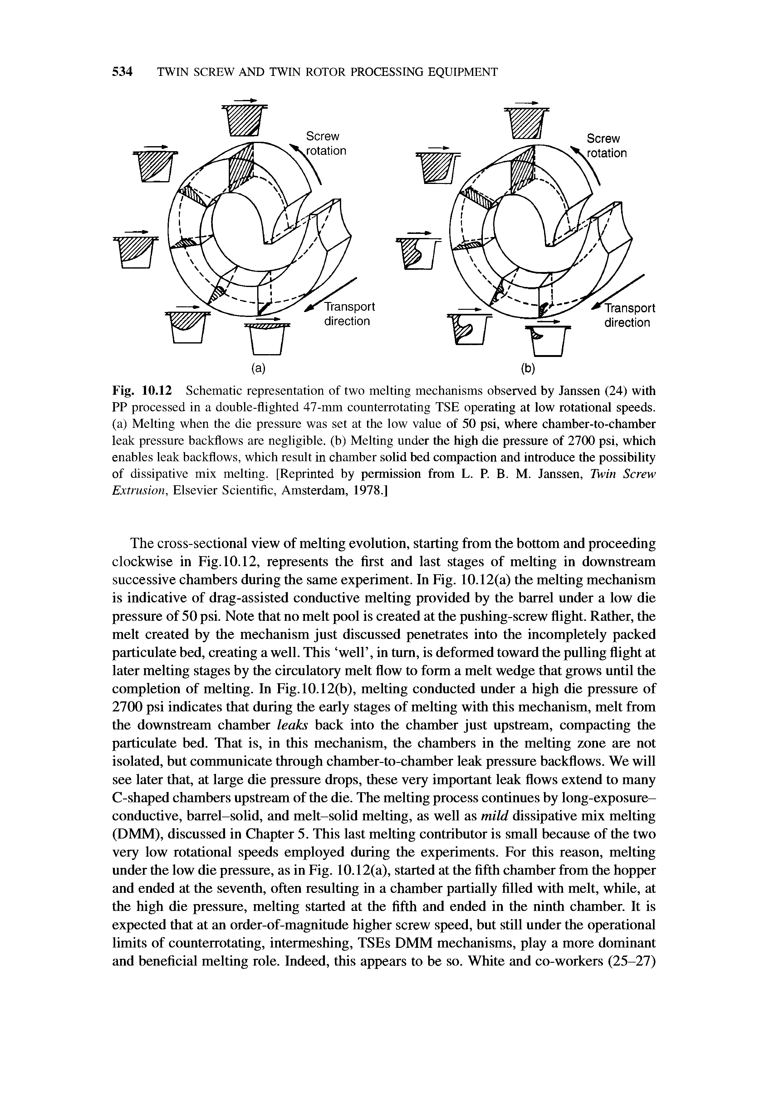 Fig. 10.12 Schematic representation of two melting mechanisms observed by Janssen (24) with PP processed in a double-flighted 47-mm counterrotating TSE operating at low rotational speeds, (a) Melting when the die pressure was set at the low value of 50 psi, where chamber-to-chamber leak pressure backflows are negligible, (b) Melting under the high die pressure of 2700 psi, which enables leak backflows, which result in chamber solid bed compaction and introduce the possibility of dissipative mix melting. [Reprinted by permission from L. P. B. M. Janssen, Twin Screw Extrusion, Elsevier Scientific, Amsterdam, 1978.]...