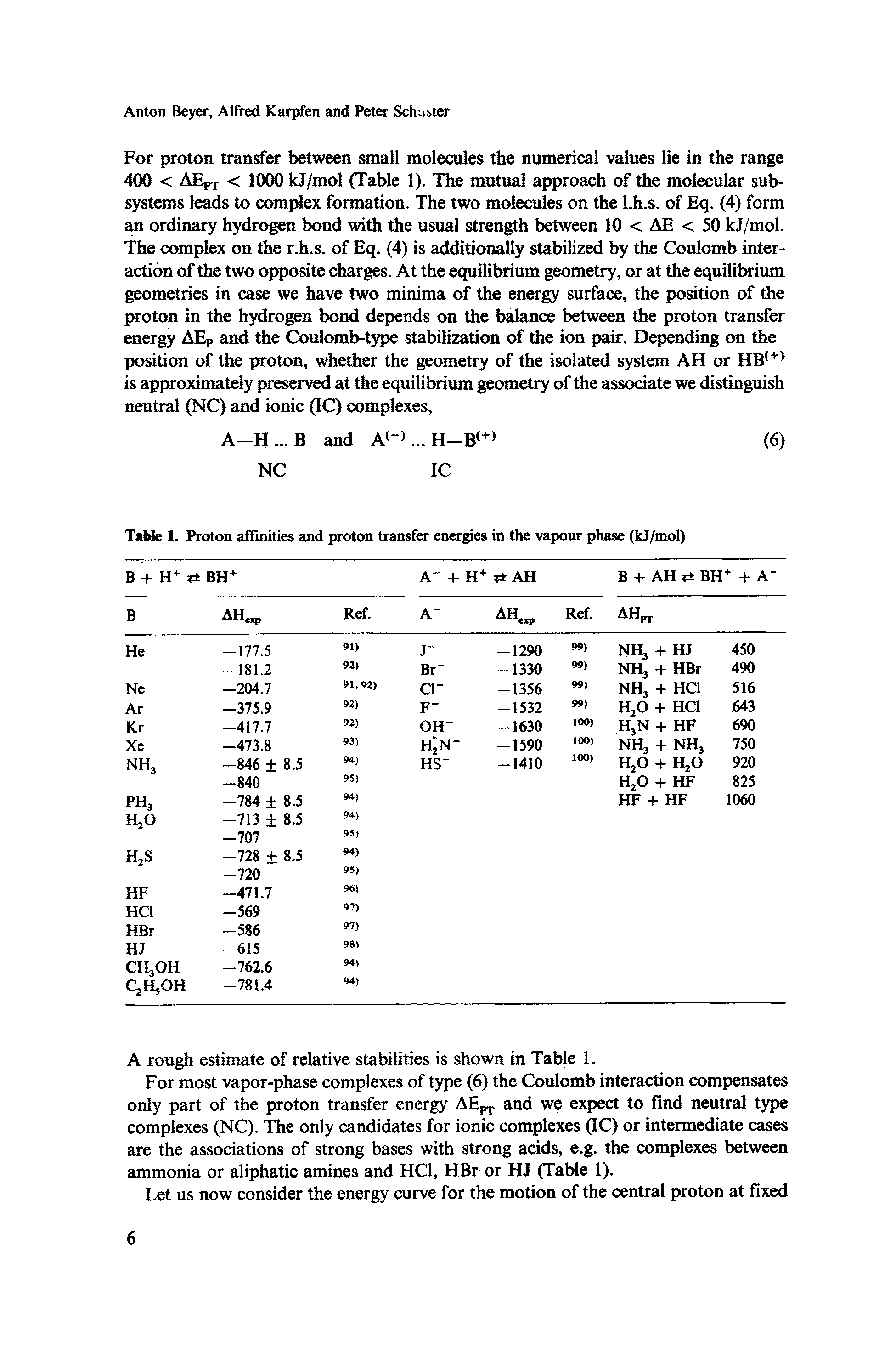 Table 1. Proton affinities and proton transfer energies in the vapour phase (kJ/mol)...