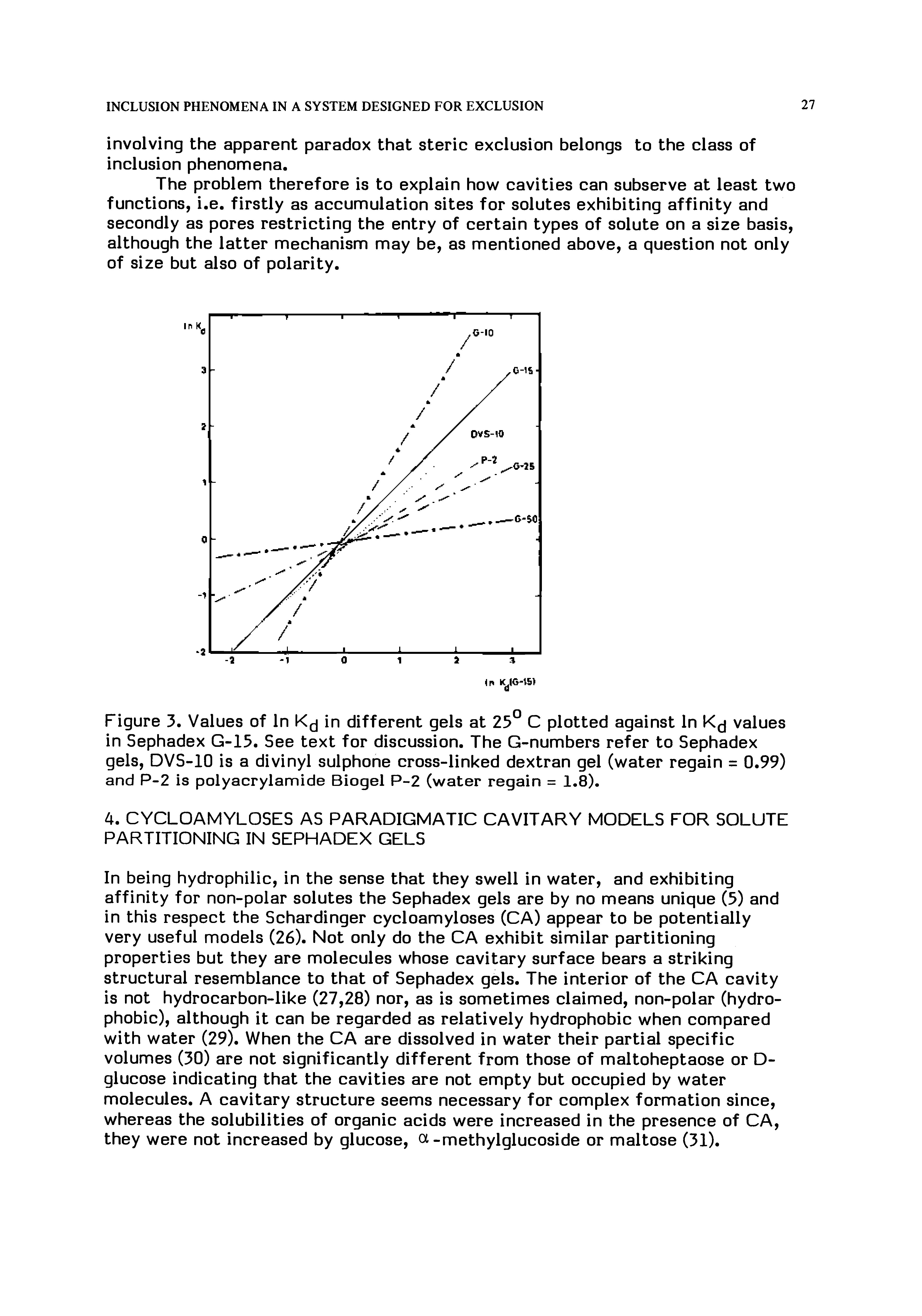 Figure 3. Values of In in different gels at 25° C plotted against In values in Sephadex G-15. See text for discussion. The G-numbers refer to Sephadex gels, DVS-10 is a divinyl sulphone cross-linked dextran gel (water regain = 0.99) and P-2 is polyacrylamide Biogel P-2 (water regain = 1.8).