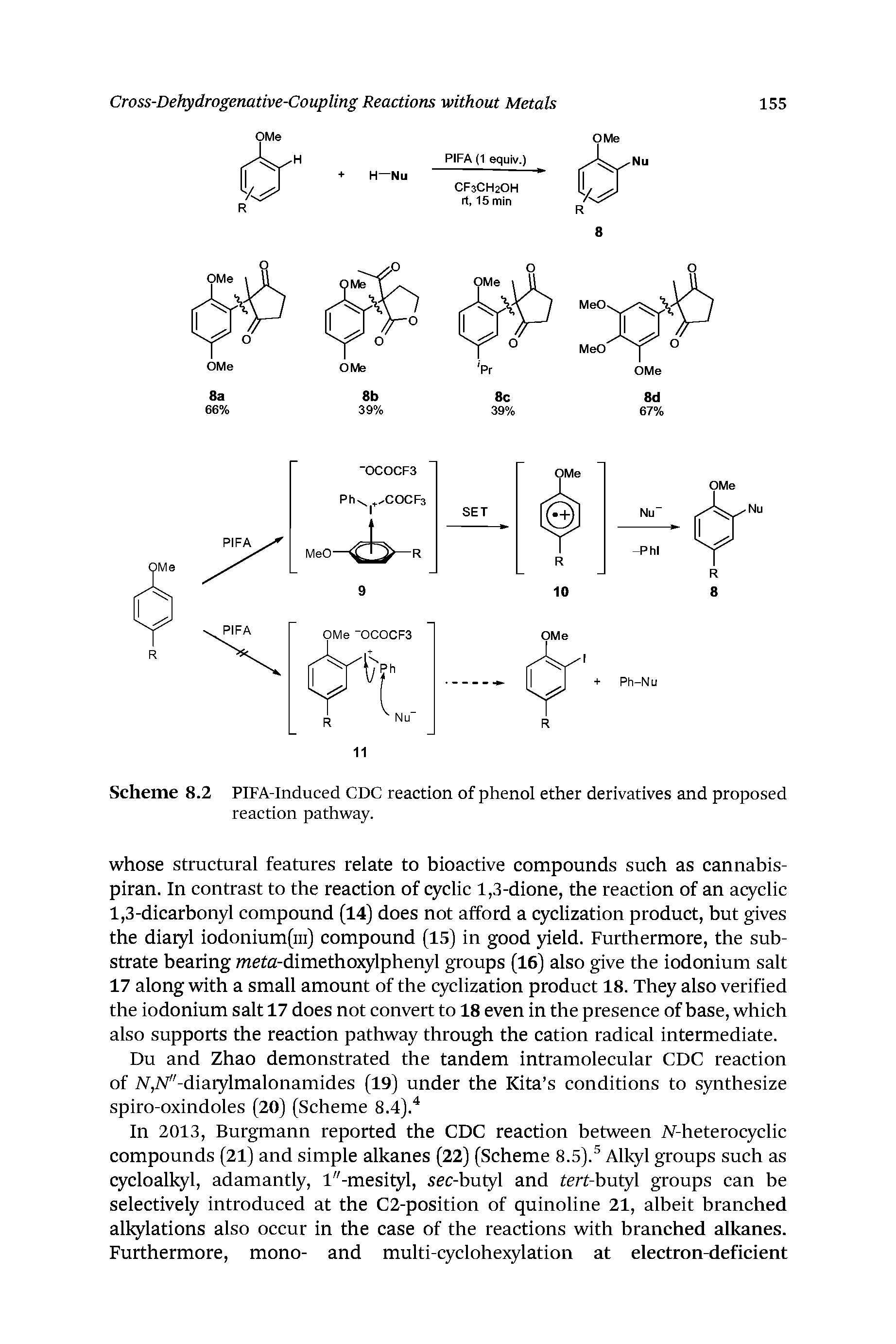 Scheme 8.2 PIFA-Induced CDC reaction of phenol ether derivatives and proposed reaction pathway.