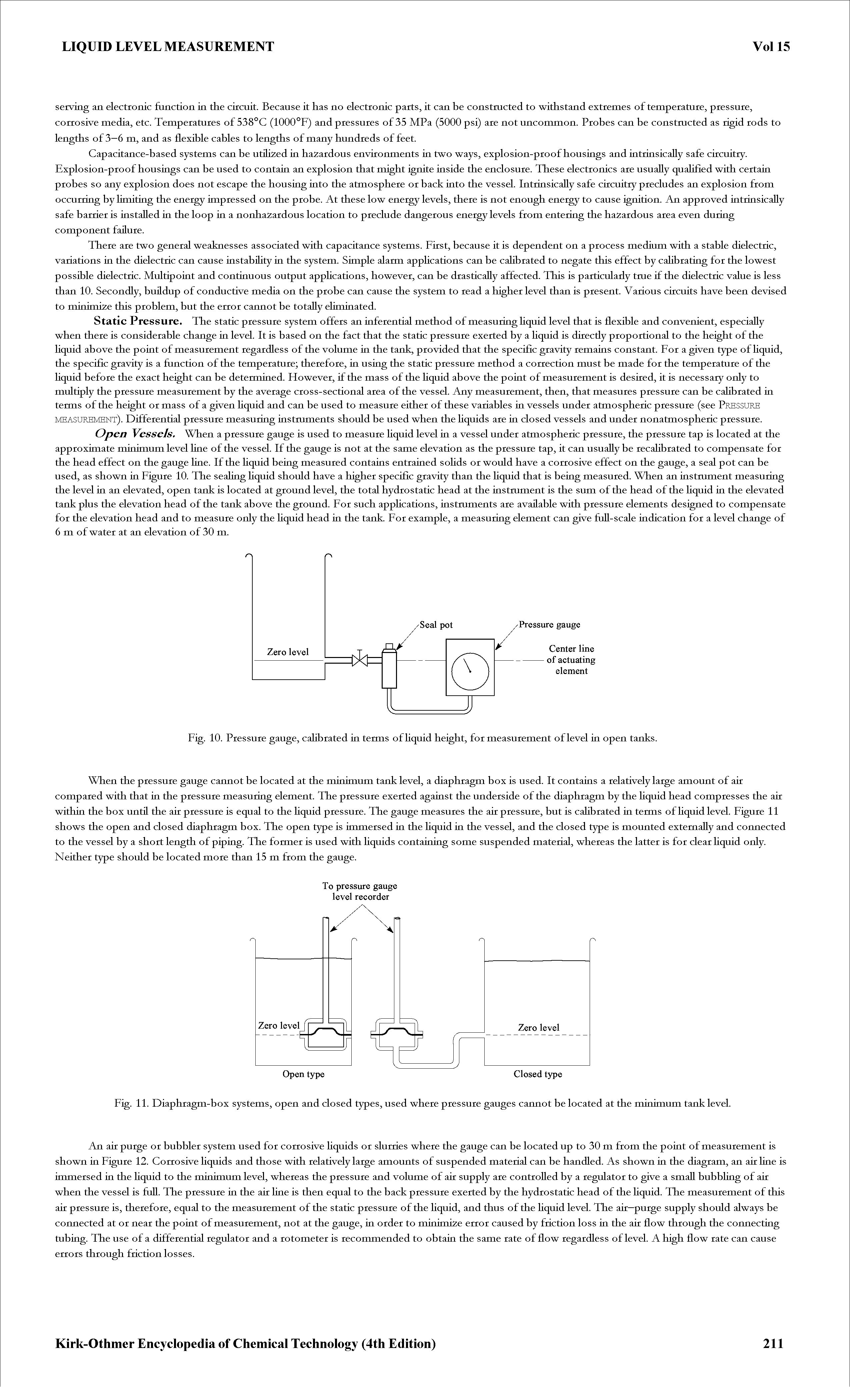 Fig. 11. Diaphragm-box systems, open and closed types, used where pressure gauges cannot be located at the minimum tank level.