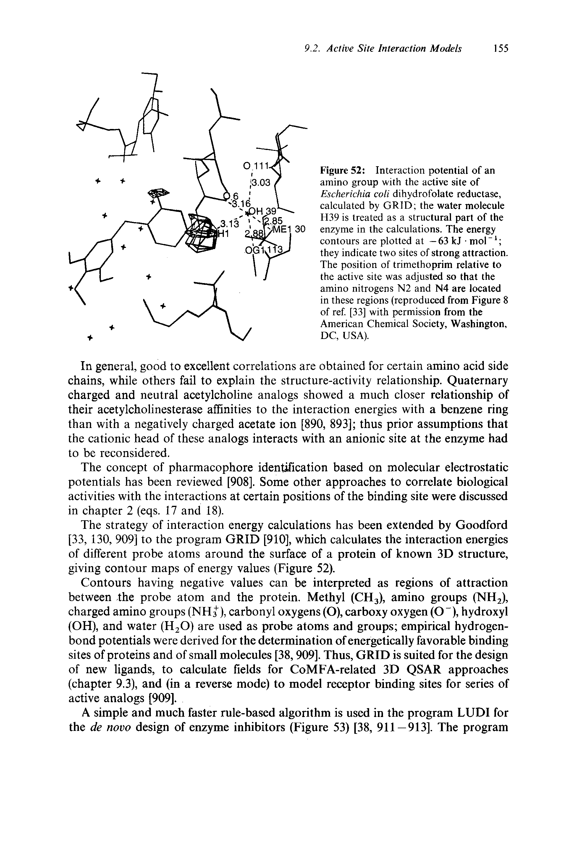 Figure 52 Interaction potential of an amino group with the active site of Escherichia coli dihydrofolate reductase, calculated by GRID the water molecule H39 is treated as a structural part of the enzyme in the calculations. The energy contours are plotted at — 63 kj mol they indicate two sites of strong attraction. The position of trimethoprim relative to the active site was adjusted so that the amino nitrogens N2 and N4 are located in these regions (reproduced from Figure 8 of ref. [33] with permission from the American Chemical Society, Washington. DC, USA).