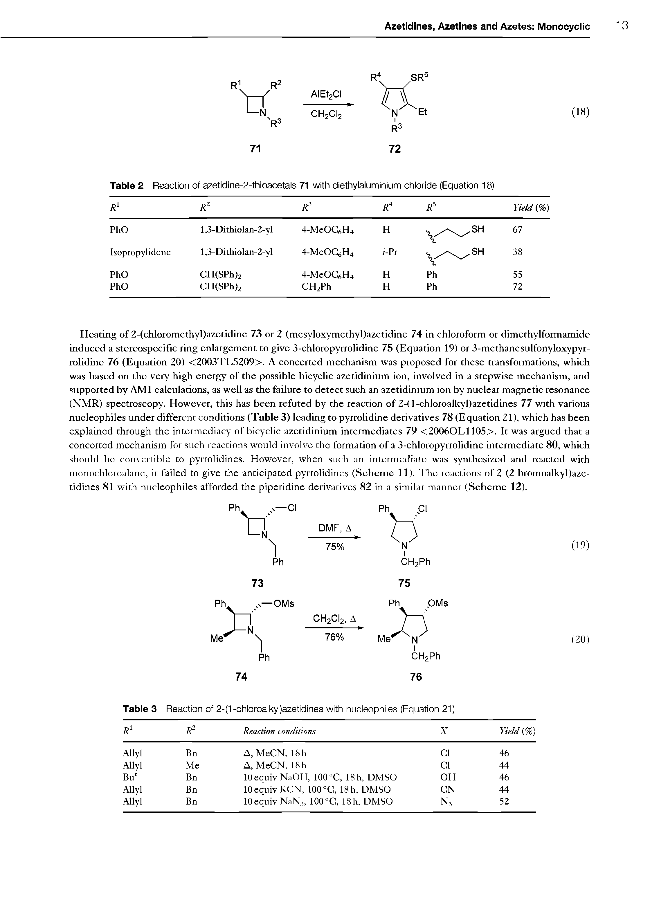 Table 2 Reaction of azetidine-2-thioacetals 71 with diethylaluminium chloride (Equation 18)...
