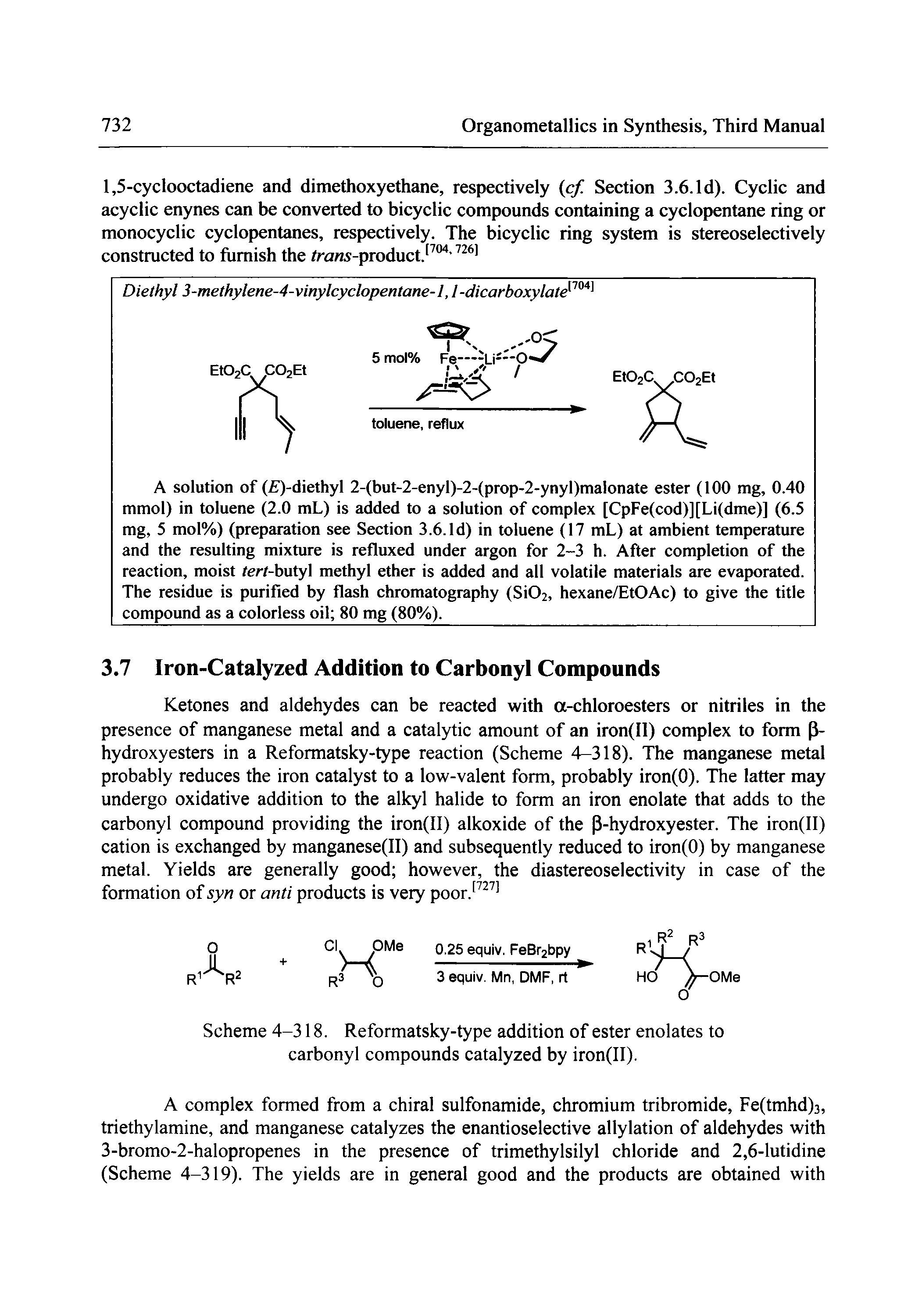 Scheme 4-318. Reformatsky-type addition of ester enolates to carbonyl compounds catalyzed by iron(II).