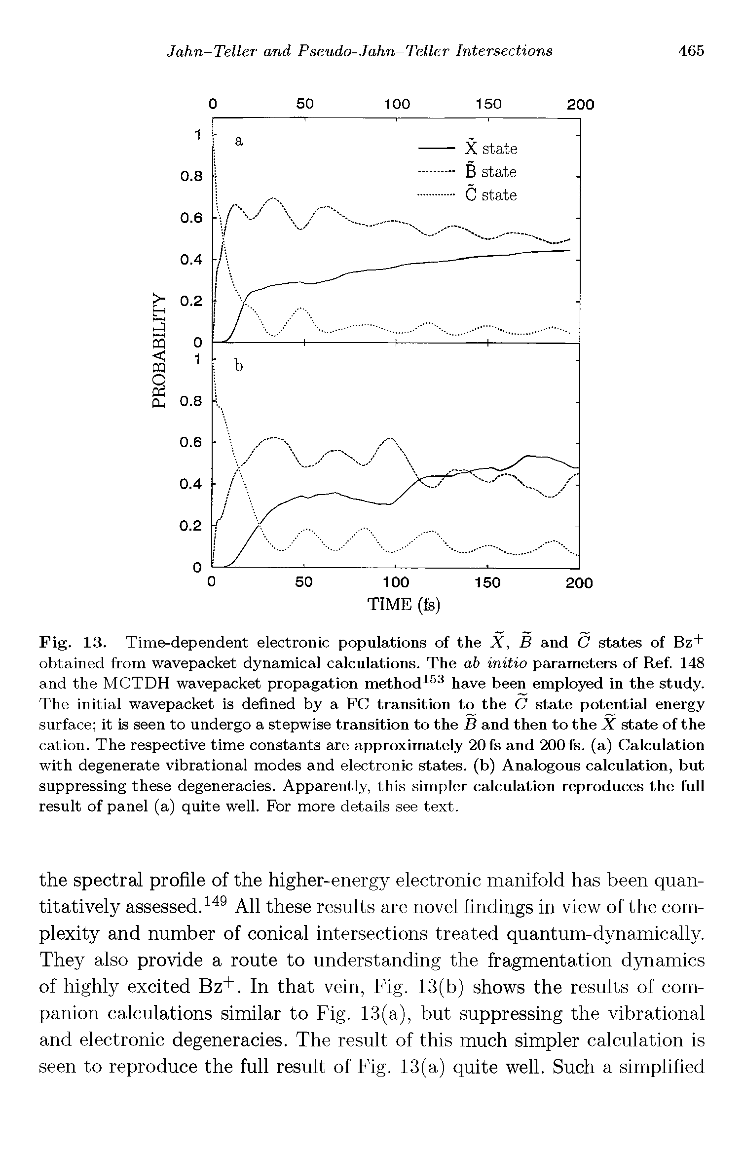 Fig. 13. Time-dependent electronic populations of the X, B and C states of Bz+ obtained from wavepacket dynamical calculations. The ab initio parameters of Ref. 148 and the MGTDH wavepacket propagation method have been employed in the study. The initial wavepacket is defined by a FC transition to the C state potential energy surface it is seen to undergo a stepwise transition to the B and then to the X state of the cation. The respective time constants are approximately 20fs and 200fs. (a) Calculation with degenerate vibrational modes and electronic states, (b) Analogous calculation, but suppressing these degeneracies. Apparently, this simpler calculation reproduces the full result of panel (a) quite well. For more details see text.