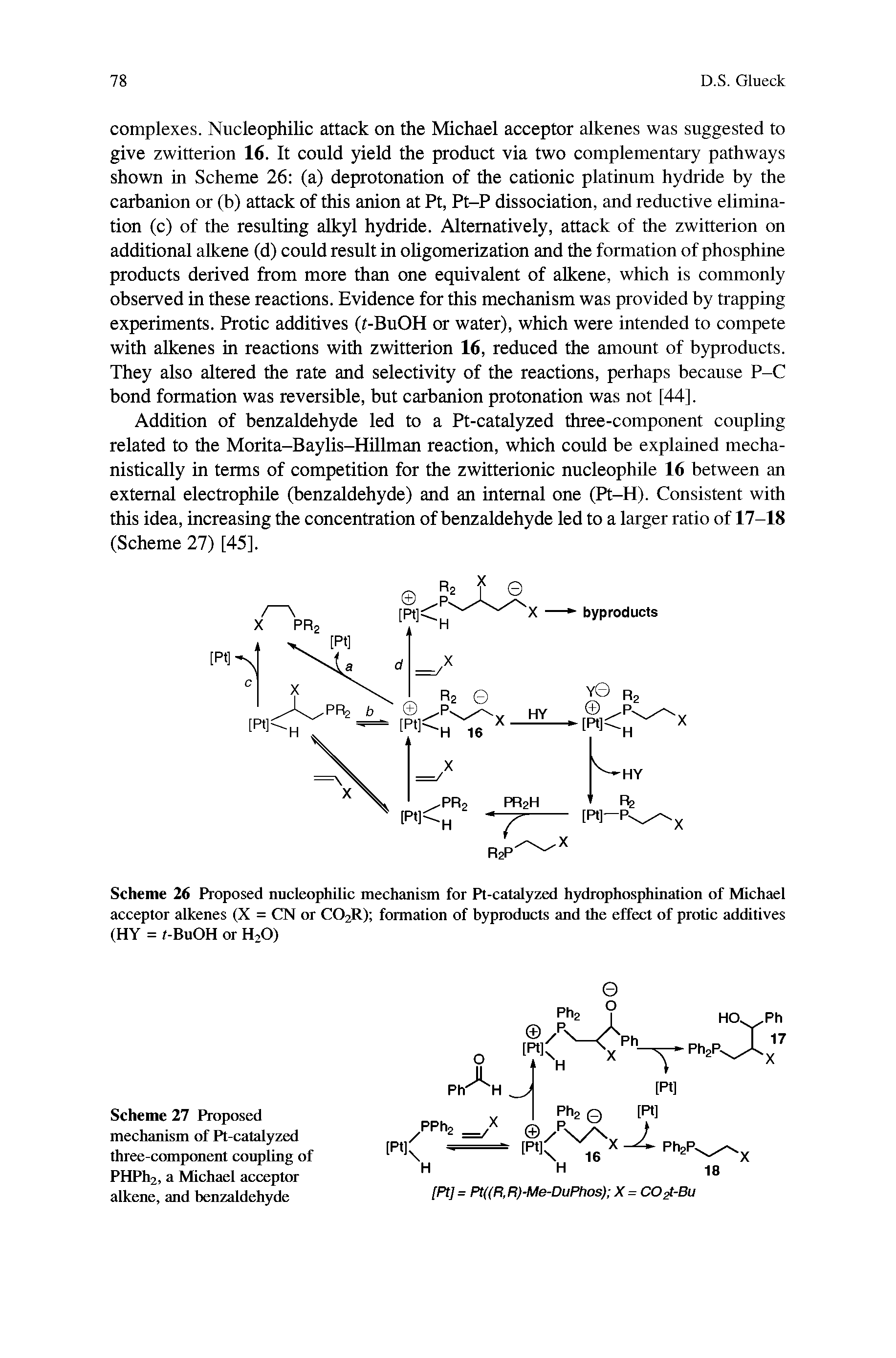 Scheme 26 Proposed nucleophilic mechanism for Pt-catalyzed hydrophosphination of Michael acceptor alkenes (X = CN or CO2R) formation of byproducts and the effect of protic additives (HY = t-BuOH or H2O)...