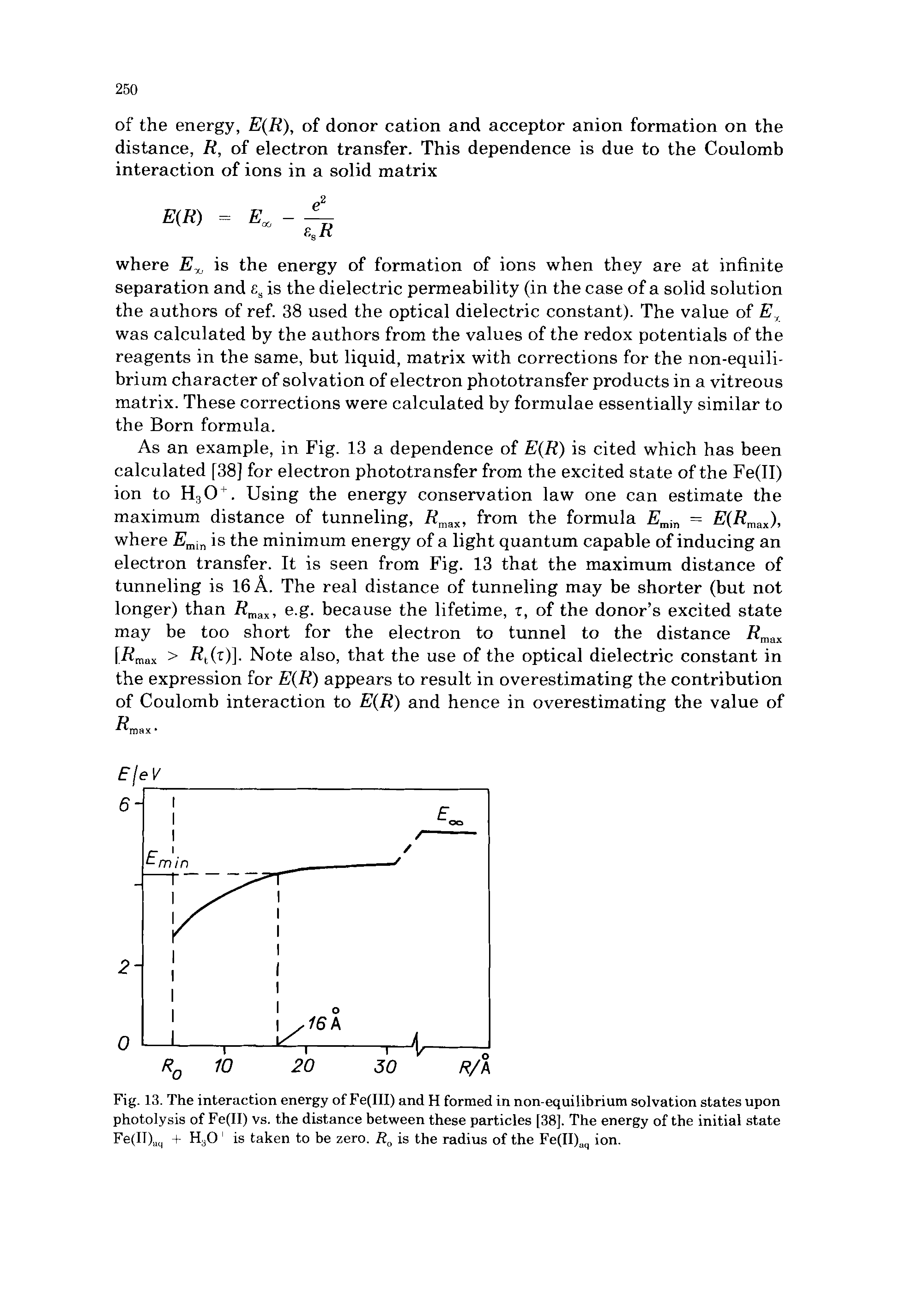Fig. 13. The interaction energy of Fe(III) and H formed in non-equilibrium solvation states upon photolysis of Fe(II) vs. the distance between these particles [38]. The energy of the initial state Fe(IT).lq + H30 1 is taken to be zero. R0 is the radius of the Fe(II)aq ion.