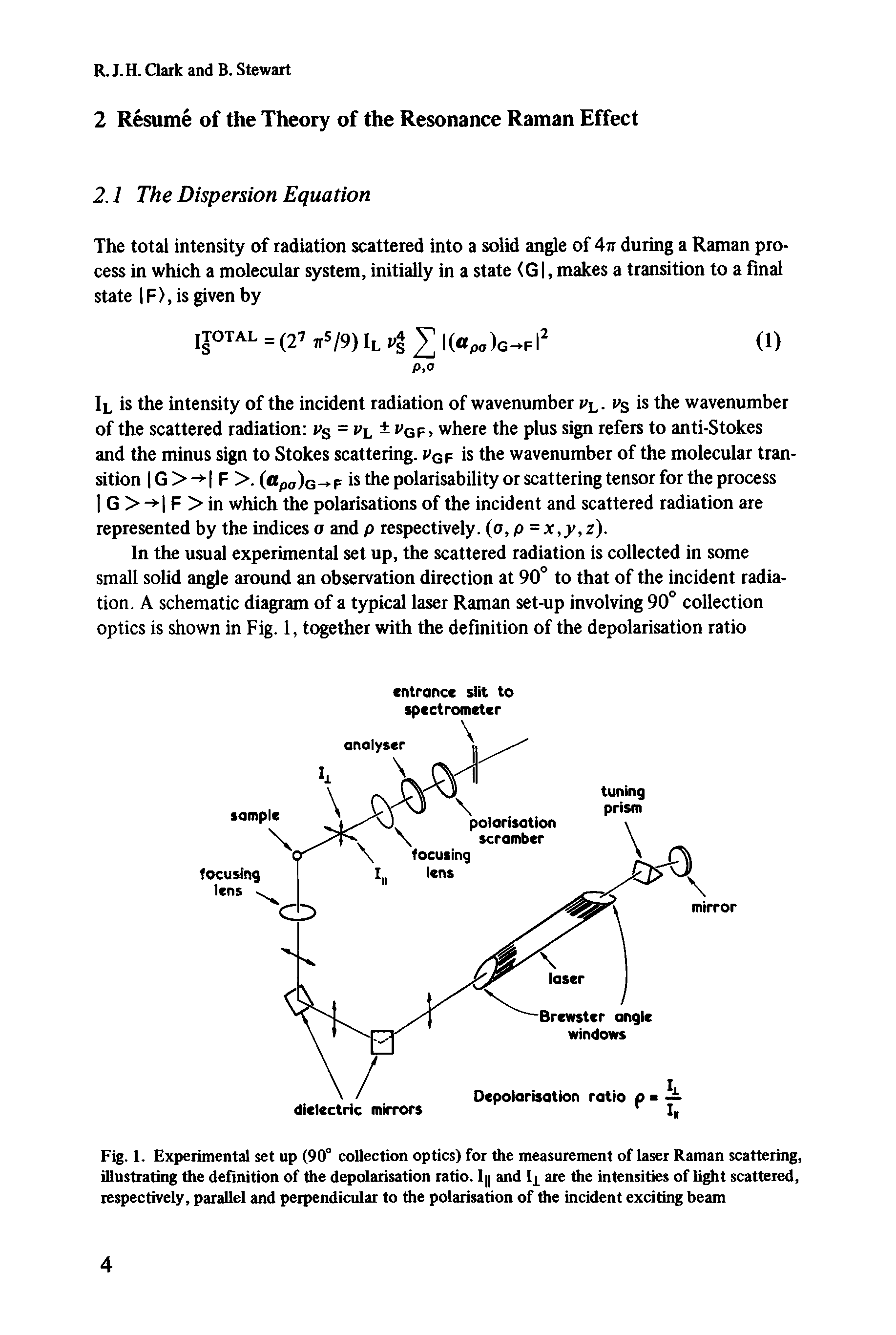 Fig. 1. Experimental set up (90° collection optics) for the measurement of laser Raman scattering, illustrating the definition of the depolarisation ratio. ly and Ij are the intensities of light scattered, respectively, parallel and perpendicular to the polarisation of the incident exciting beam...