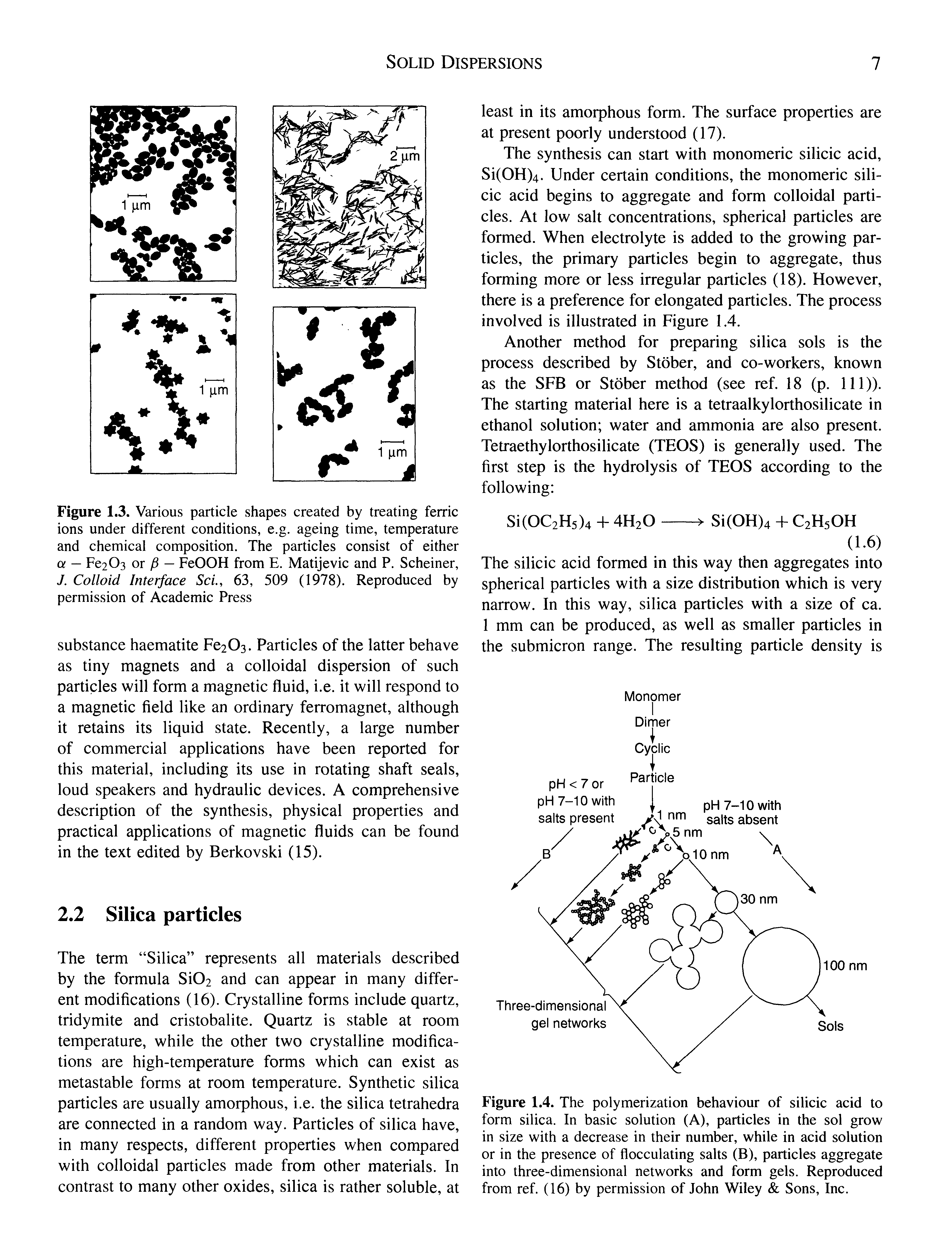 Figure 1.4. The polymerization behaviour of silicic acid to form silica. In basic solution (A), particles in the sol grow in size with a decrease in their number, while in acid solution or in the presence of flocculating salts (B), particles aggregate into three-dimensional networks and form gels. Reproduced from ref. (16) by permission of John Wiley Sons, Inc.