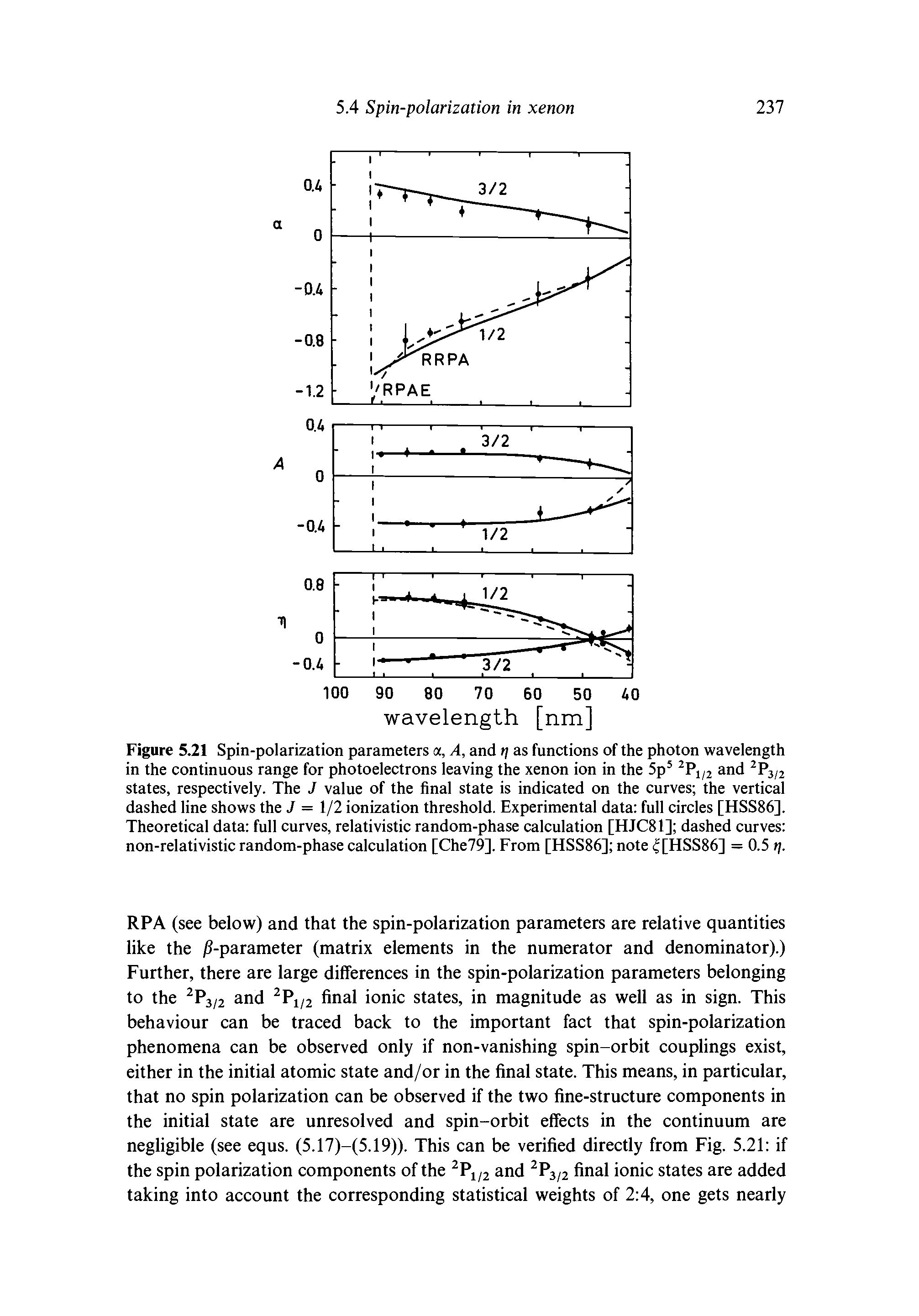 Figure 5.21 Spin-polarization parameters a, A, and tj as functions of the photon wavelength in the continuous range for photoelectrons leaving the xenon ion in the 5p5 2P1/2 and 2P3/2 states, respectively. The J value of the final state is indicated on the curves the vertical dashed line shows the J = 1/2 ionization threshold. Experimental data full circles [HSS86], Theoretical data full curves, relativistic random-phase calculation [HJC81] dashed curves non-relativistic random-phase calculation [Che79], From [HSS86] note /[HSS86] = 0.5 rj.