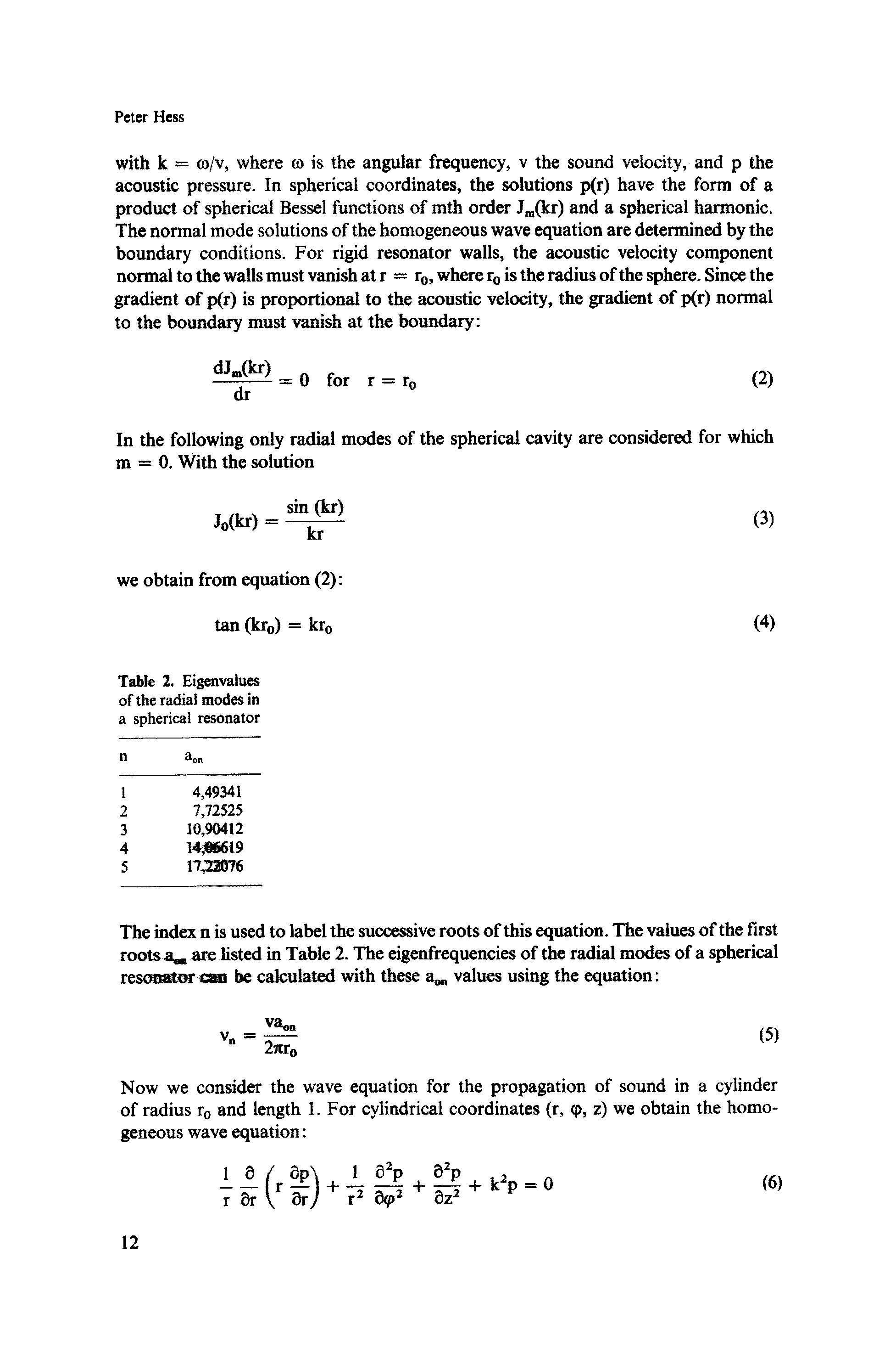 Table 2. Eigenvalues of the radial modes in a spherical resonator...