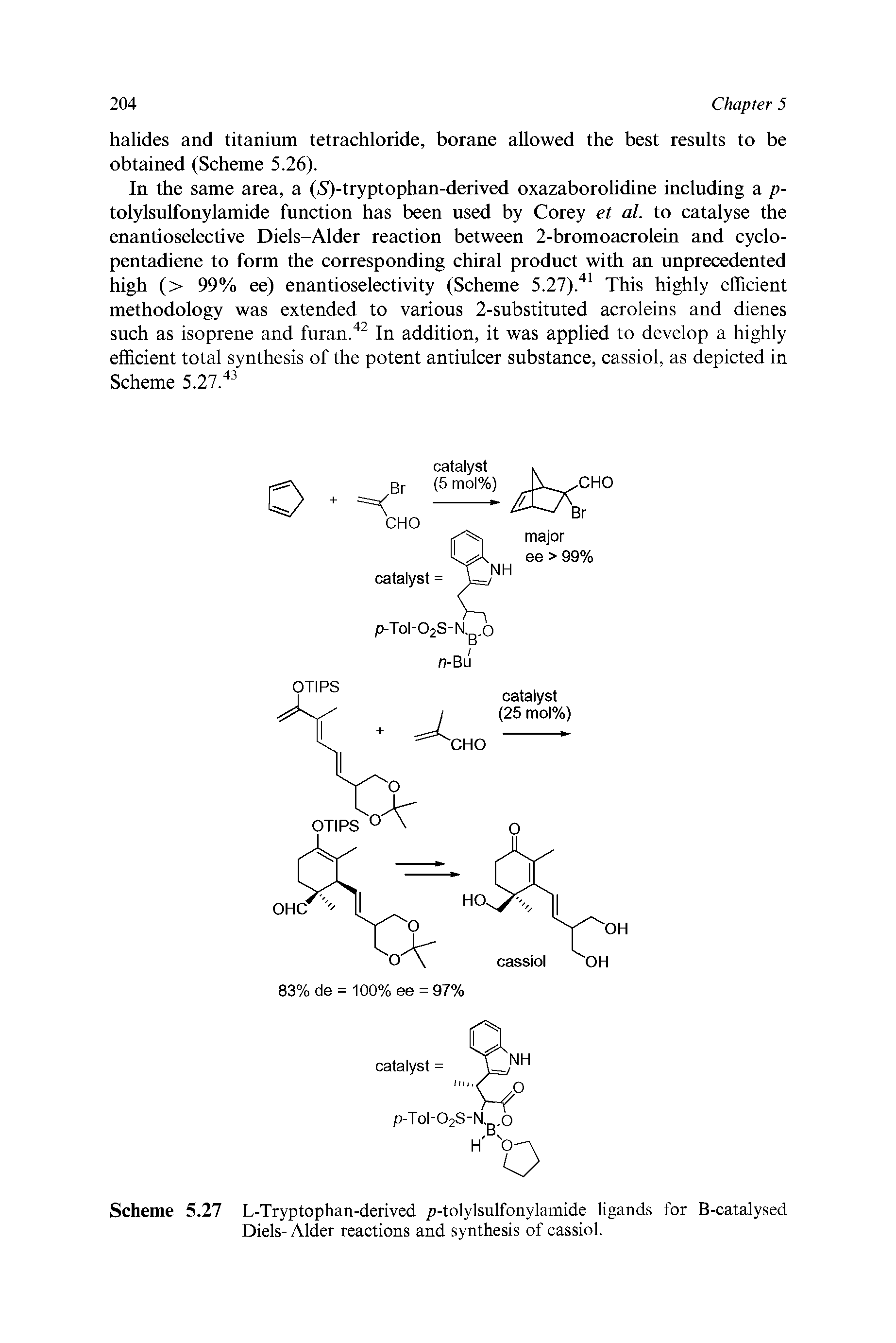 Scheme 5.27 L-Tryptophan-derived i-tolylsulfonylamide ligands for B-catalysed Diels-Alder reactions and synthesis of cassiol.