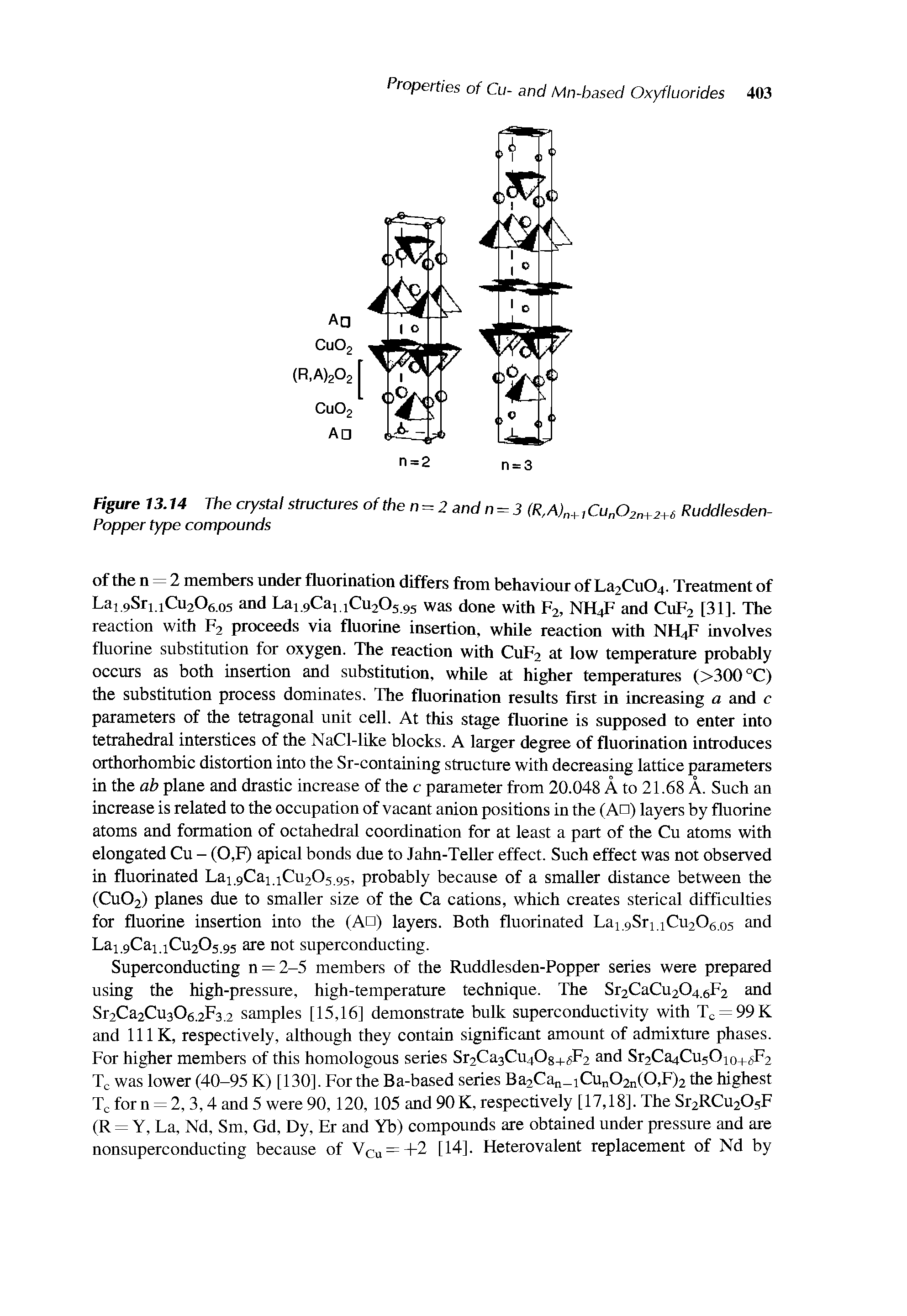 Figure 13.14 The crystal structures of the n = 2andn = 3 (R,AU,Cu 02n+2+6 Ruddlesden-Popper type compounds...