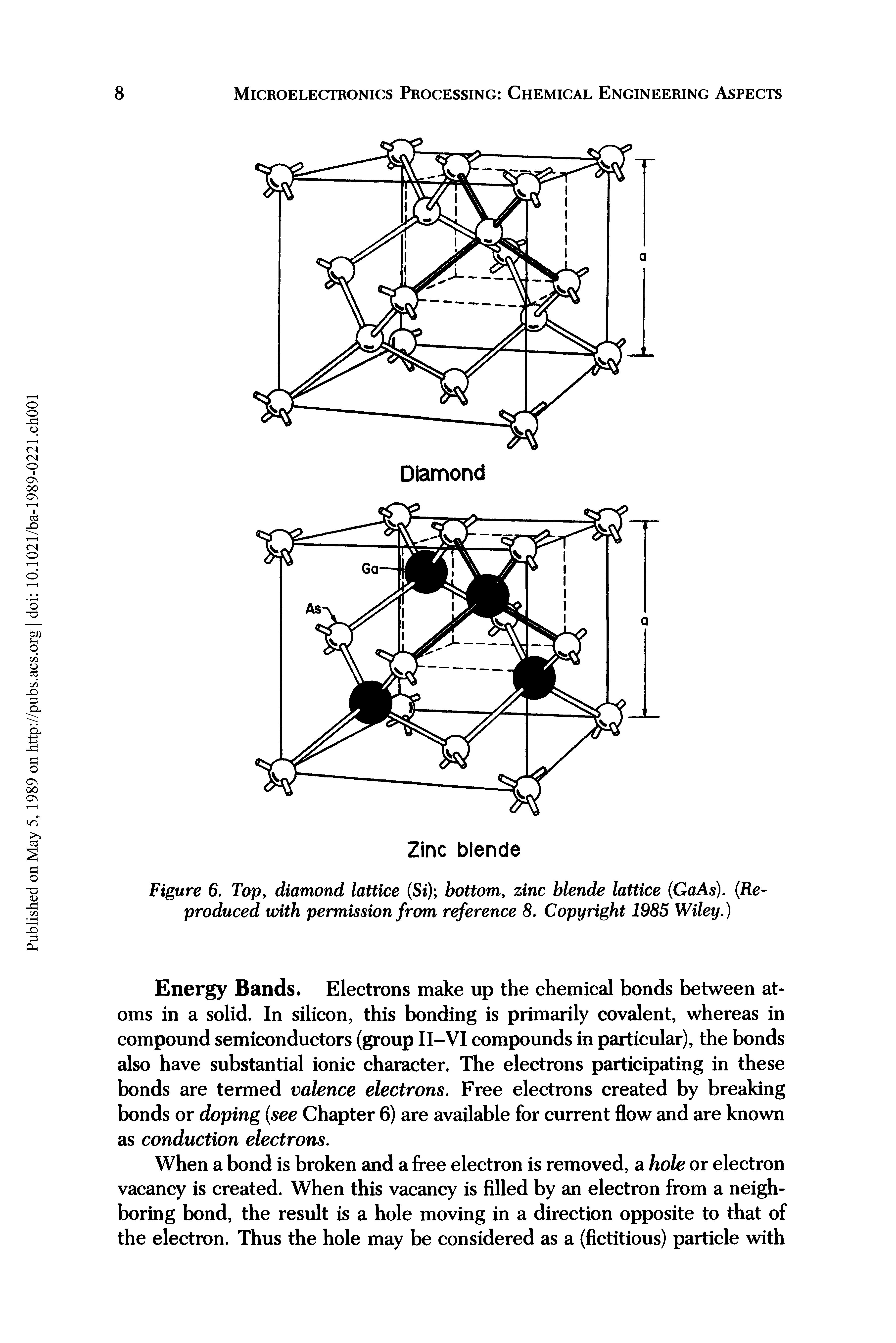 Figure 6. Top, diamond lattice (Si) bottom, zinc blende lattice (GaAs). (Reproduced with permission from reference 8. Copyright 1985 Wiley.)...