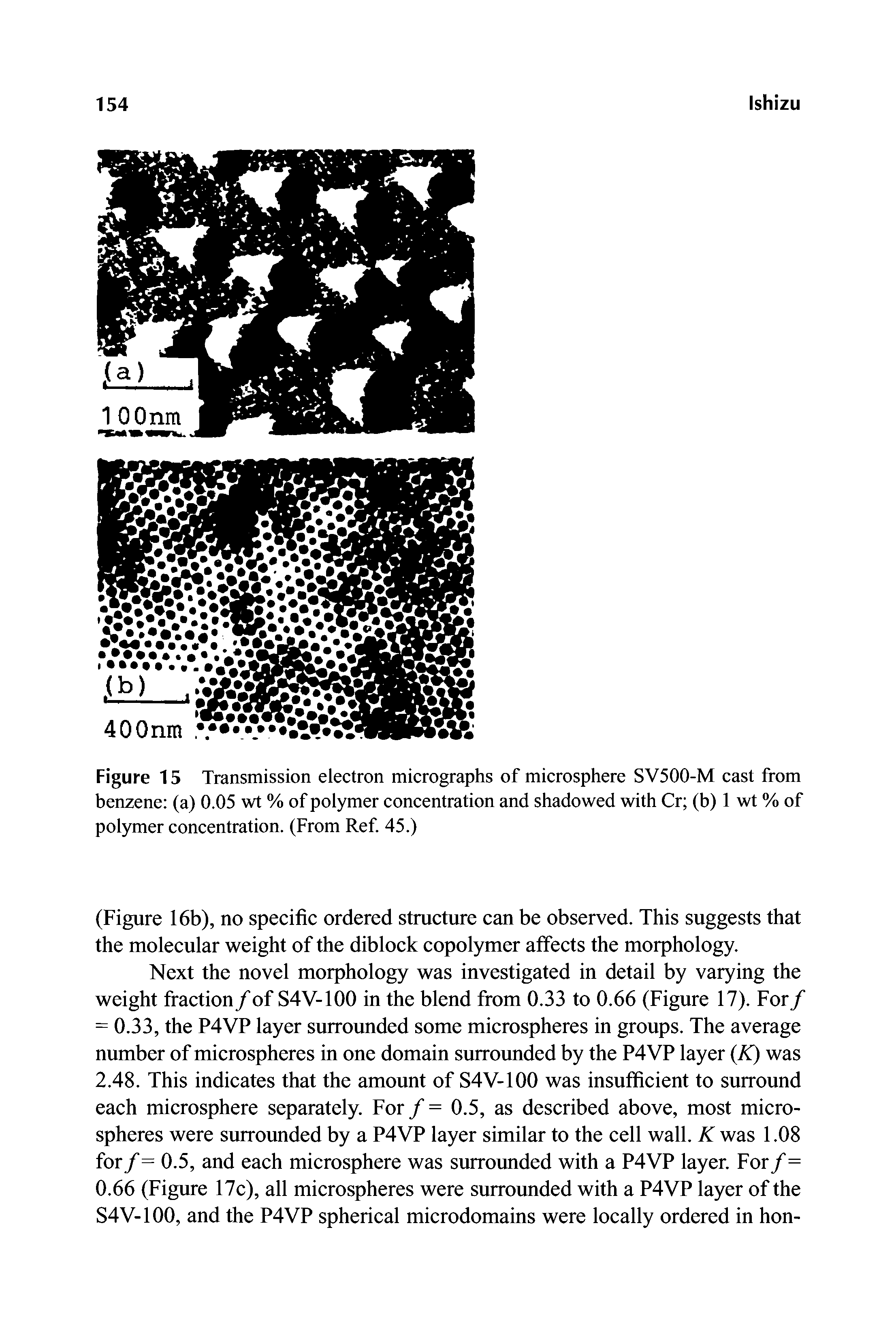 Figure 15 Transmission electron micrographs of microsphere SV500-M cast from benzene (a) 0.05 wt % of polymer concentration and shadowed with Cr (b) 1 wt % of polymer concentration. (From Ref 45.)...