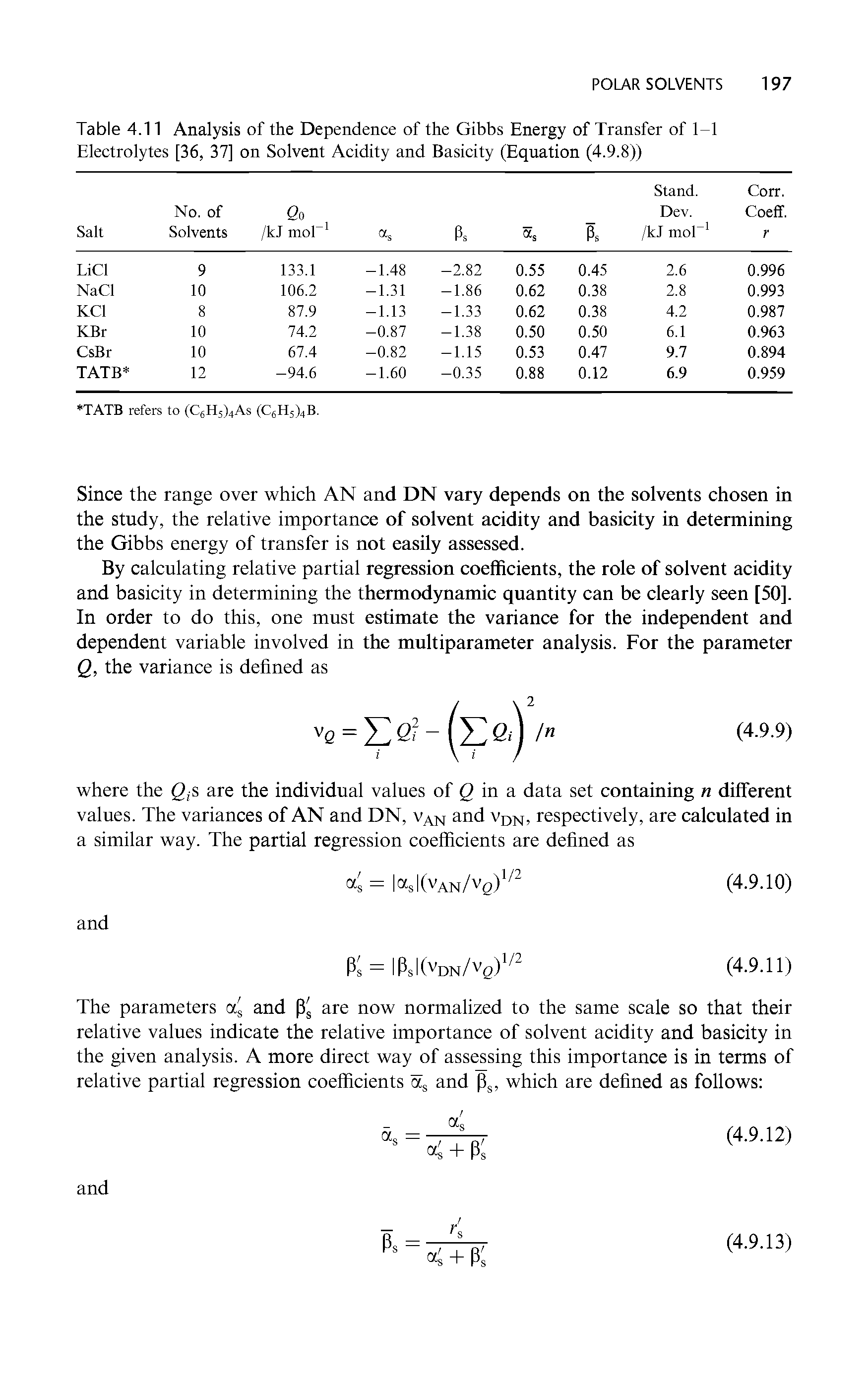 Table 4.11 Analysis of the Dependence of the Gibbs Energy of Transfer of 1-1 Electrolytes [36, 37] on Solvent Acidity and Basicity (Equation (4.9.8))...