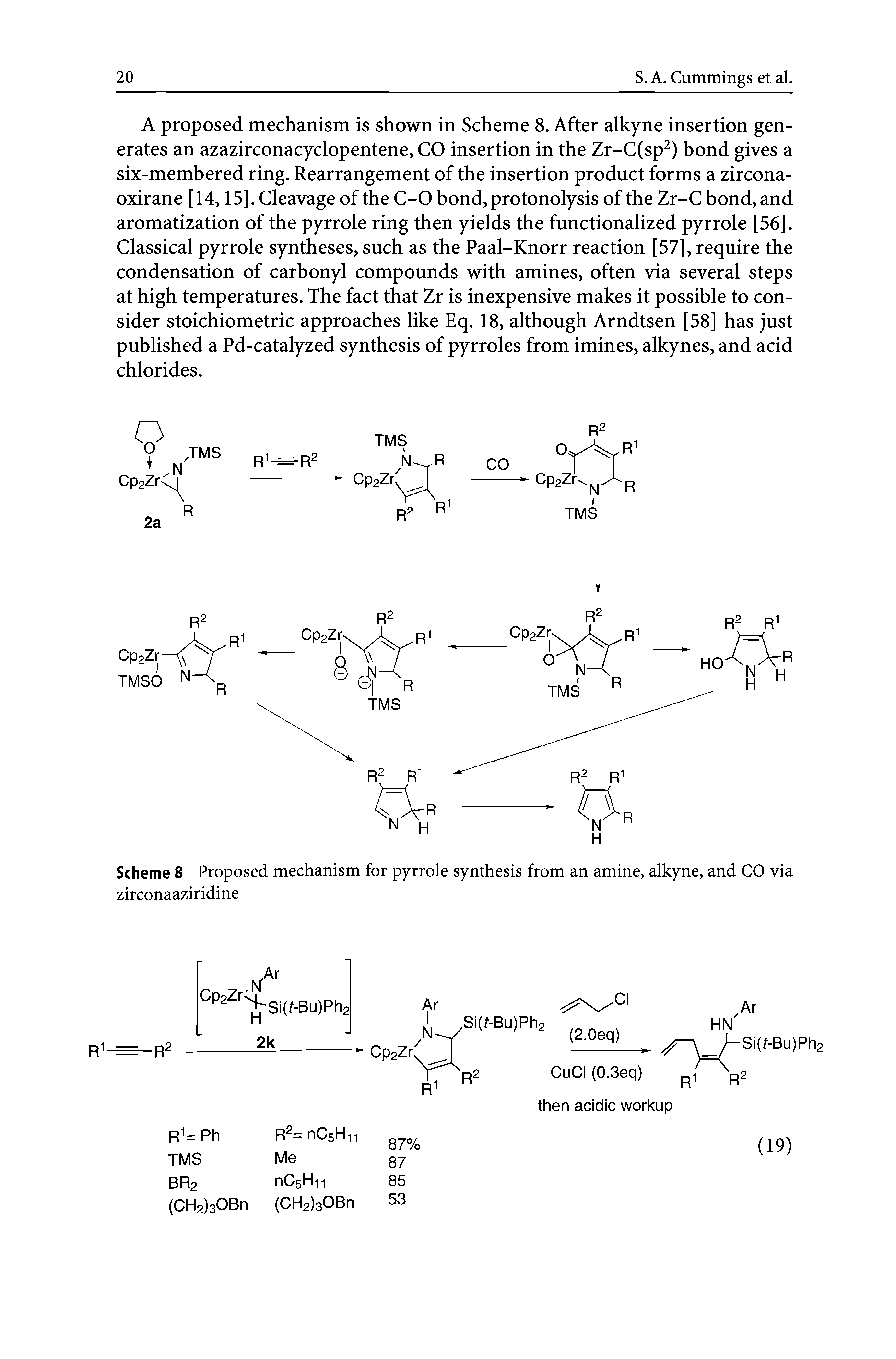 Scheme 8 Proposed mechanism for pyrrole synthesis from an amine, alkyne, and CO via zirconaaziridine...