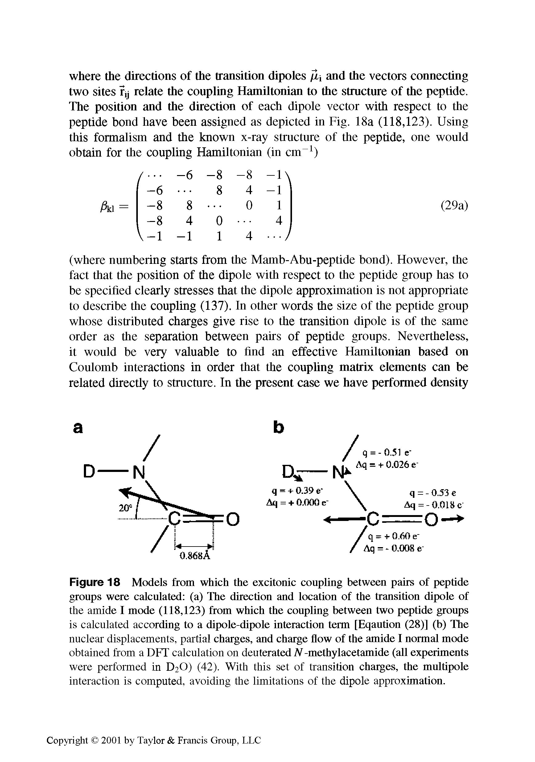 Figure 18 Models from which the excitonic coupling between pairs of peptide groups were calculated (a) The direction and location of the transition dipole of the amide I mode (118,123) from which the coupling between two peptide groups is calculated according to a dipole-dipole interaction term [Eqaution (28)] (b) The nuclear displacements, partial charges, and charge flow of the amide I normal mode obtained from a DFT calculation on deuterated N -methylacetamide (all experiments were performed in D2O) (42). With this set of transition charges, the multipole interaction is computed, avoiding the limitations of the dipole approximation.