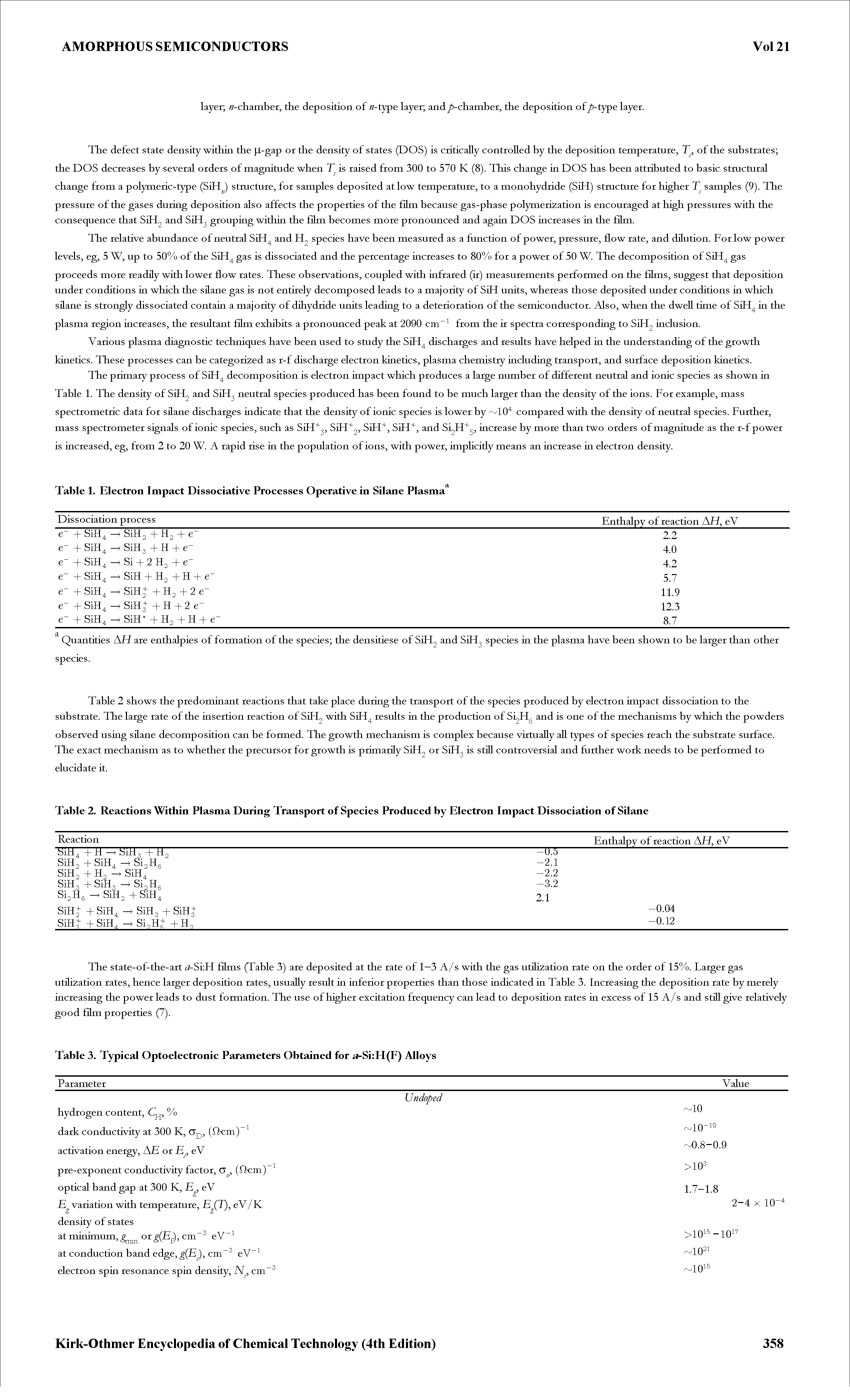 Table 2. Reactions Within Plasma During Transport of Species Produced by Electron Impact Dissociation of Silane...