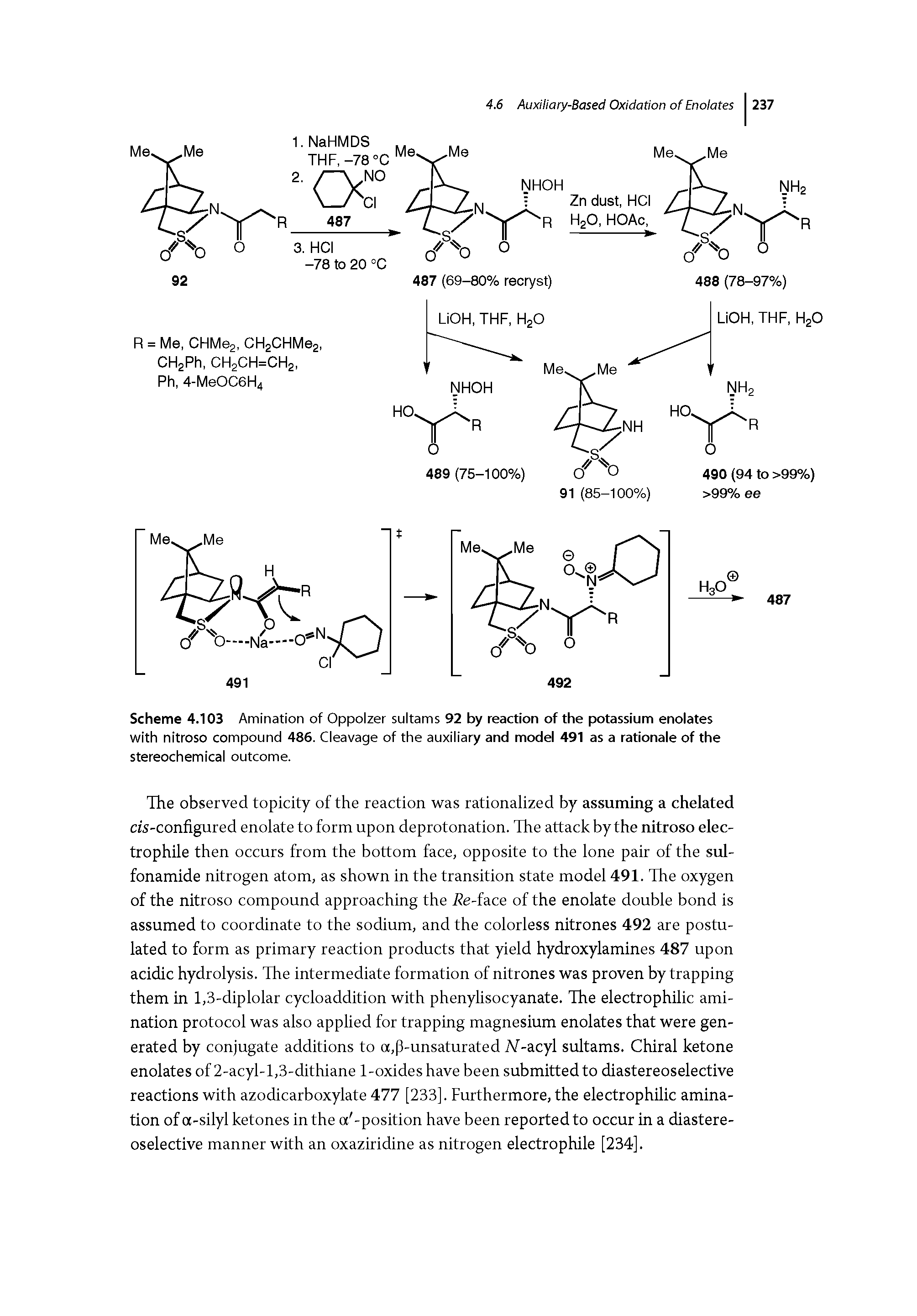 Scheme 4.103 Amination of Oppolzer sultams 92 by reaction of the potassium enolates with nitroso compound 486. Cleavage of the auxiliary and model 491 as a rationale of the stereochemical outcome.