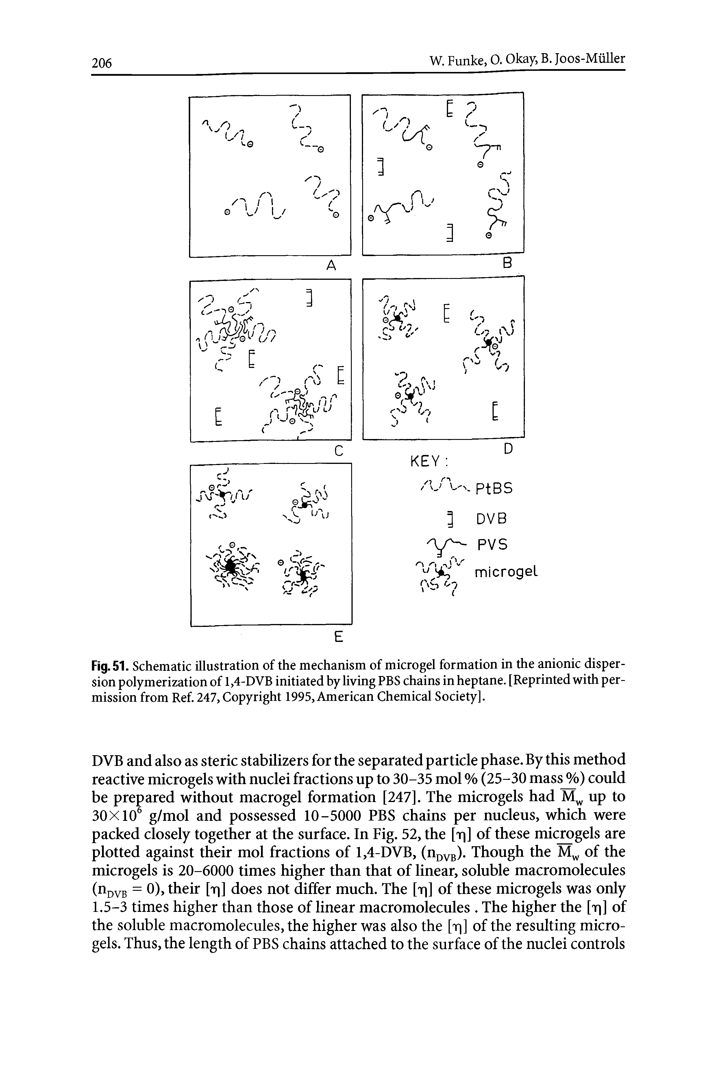 Fig. 51. Schematic illustration of the mechanism of microgel formation in the anionic dispersion polymerization of 1,4-DVB initiated by living PBS chains in heptane. [Reprinted with permission from Ref. 247, Copyright 1995, American Chemical Society].