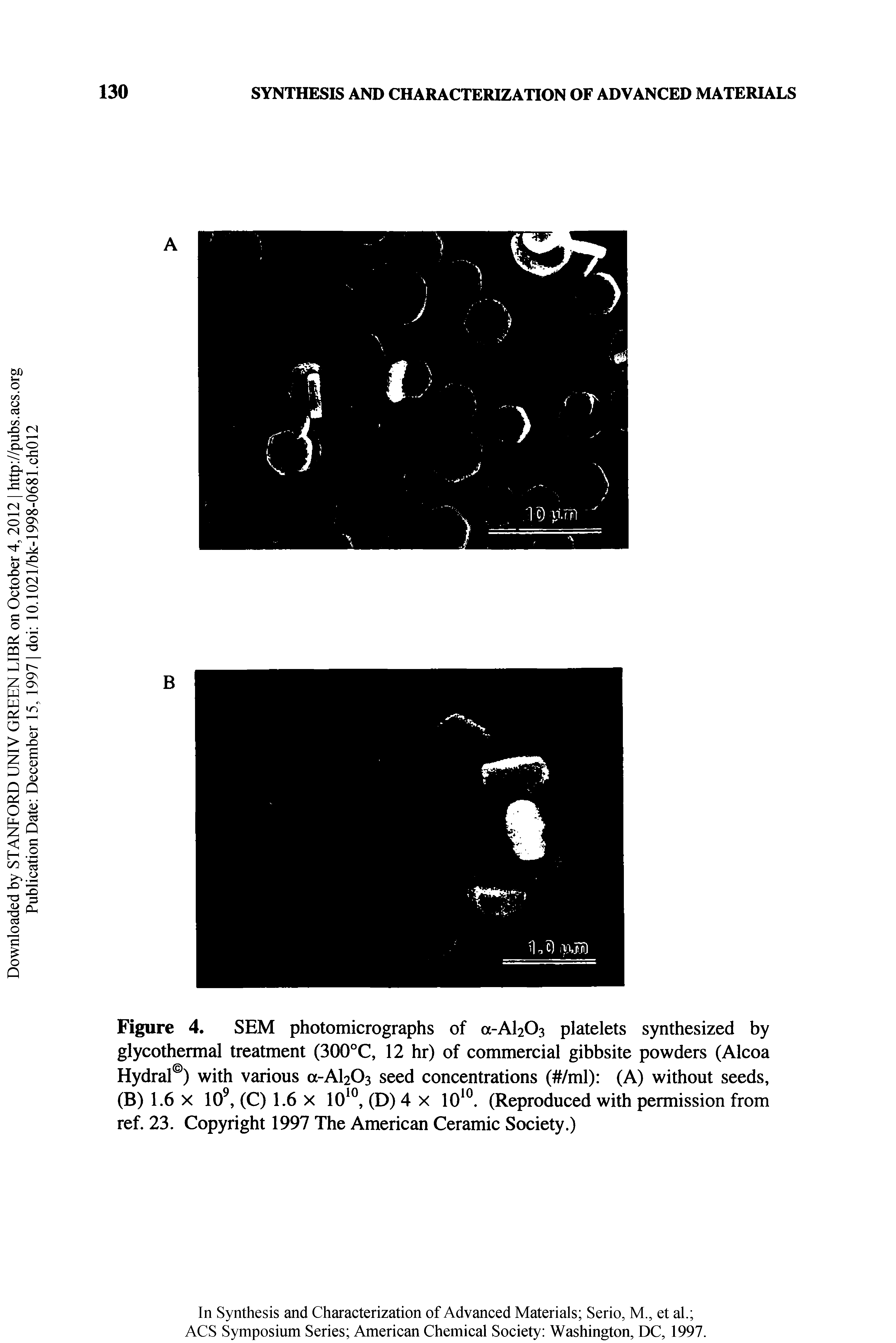 Figure 4. SEM photomicrographs of a-Al203 platelets synthesized by glycothermal treatment (300°C, 12 hr) of commercial gibbsite powders (Alcoa Hydral ) with various a-Al203 seed concentrations ( /ml) (A) without seeds, (B) 1.6 X 10, (C) 1.6 X 10 °, (D) 4 x 10 . (Reproduced with permission from ref. 23. Copyright 1997 The American Ceramic Society.)...
