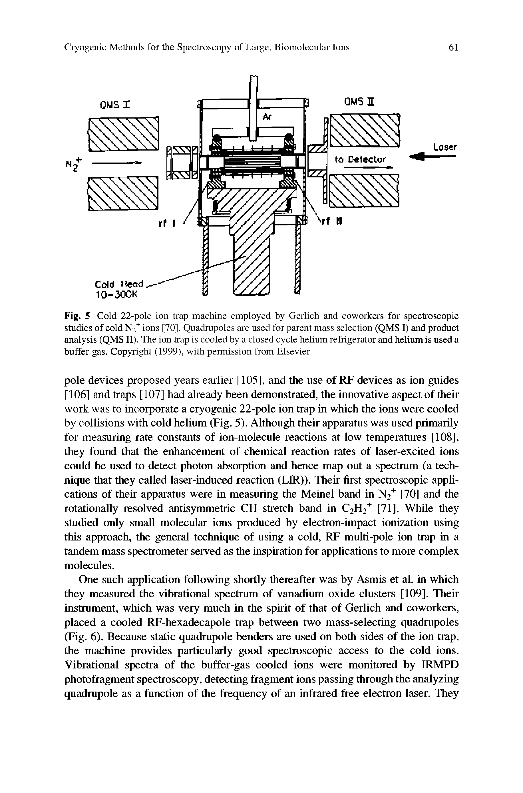 Fig. 5 Cold 22-pole ion trap machine employed by Gerlich and coworkers for spectroscopic studies of cold N2 ions [70]. Quadrupoles are used for parent mass selection (QMS I) and product analysis (QMS II). The ion trap is cooled by a closed cycle helium refrigerator and helium is used a buffer gas. Copyright (1999), with permission from Elsevier...