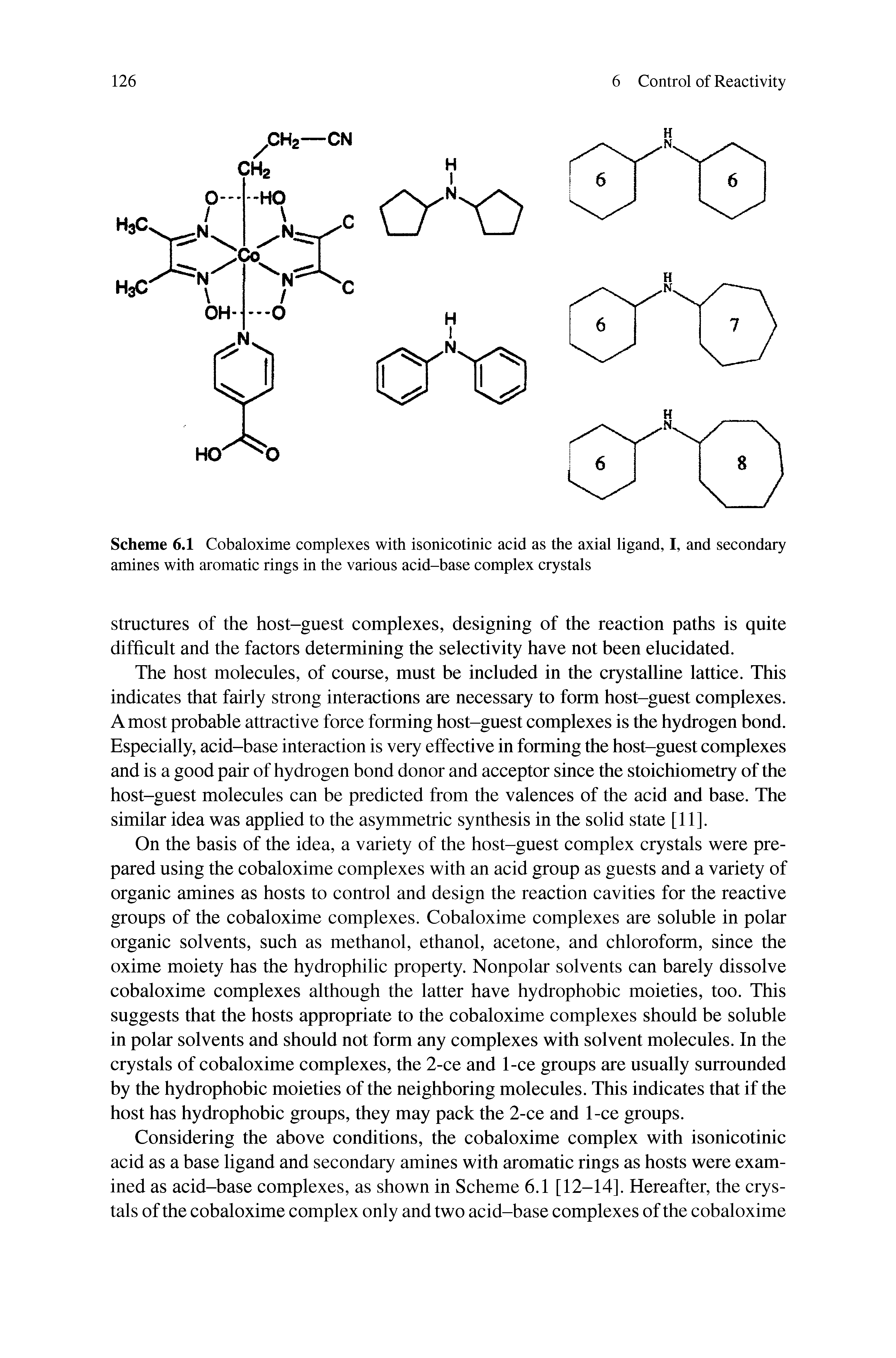 Scheme 6.1 Cobaloxime complexes with isonicotinic acid as the axial ligand, I, and secondary amines with aromatic rings in the various acid-base complex crystals...