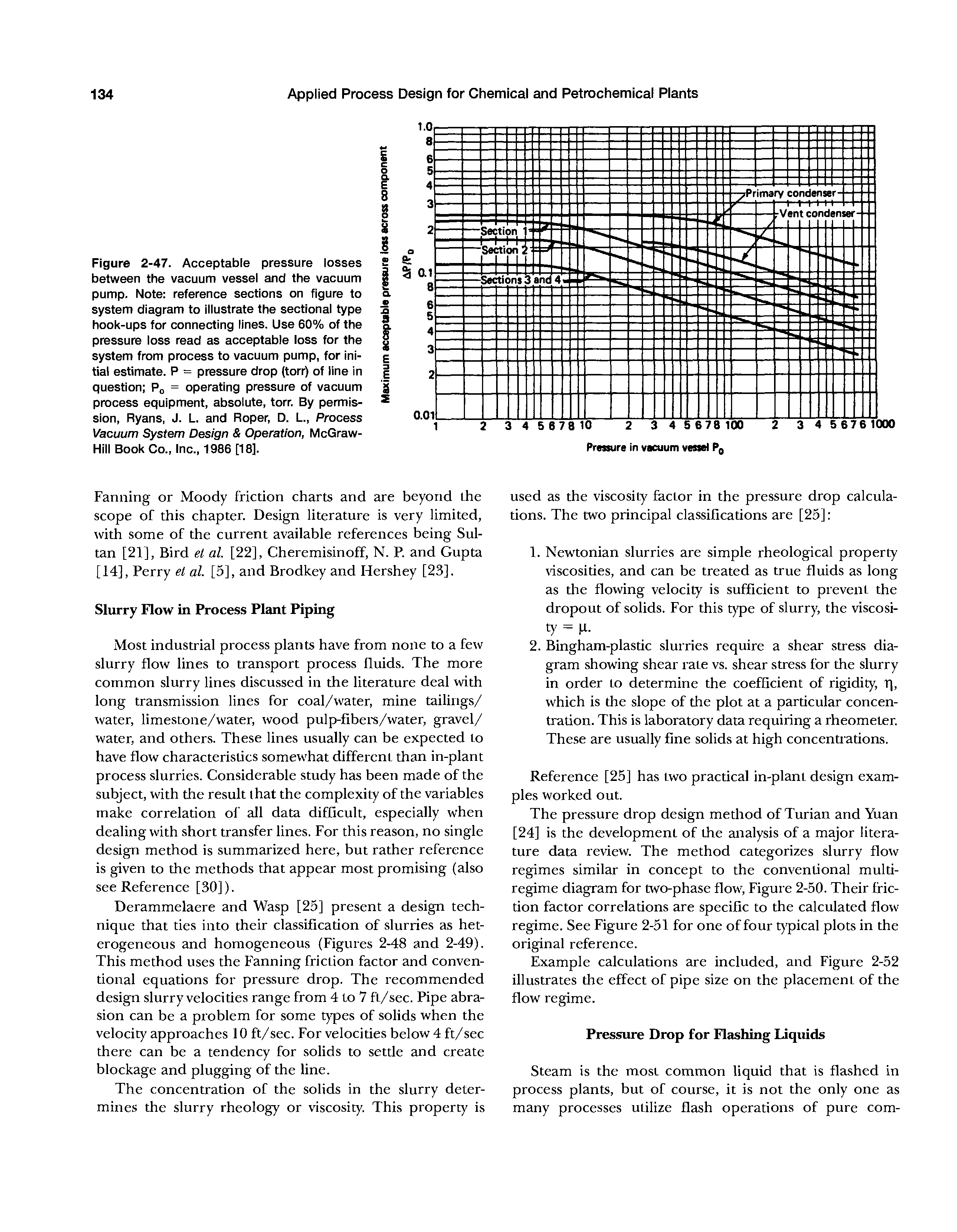 Figure 2-47. Acceptable pressure losses between the vacuum vessel and the vacuum pump. Note reference sections on figure to system diagram to illustrate the sectional type hook-ups for connecting lines. Use 60% of the pressure loss read as acceptable loss for the system from process to vacuum pump, for initial estimate. P = pressure drop (torr) of line in question Po = operating pressure of vacuum process equipment, absolute, torr. By permission, Ryans, J. L. and Roper, D. L., Process Vacuum System Design Operation, McGraw-Hill Book Co., Inc., 1986 [18].