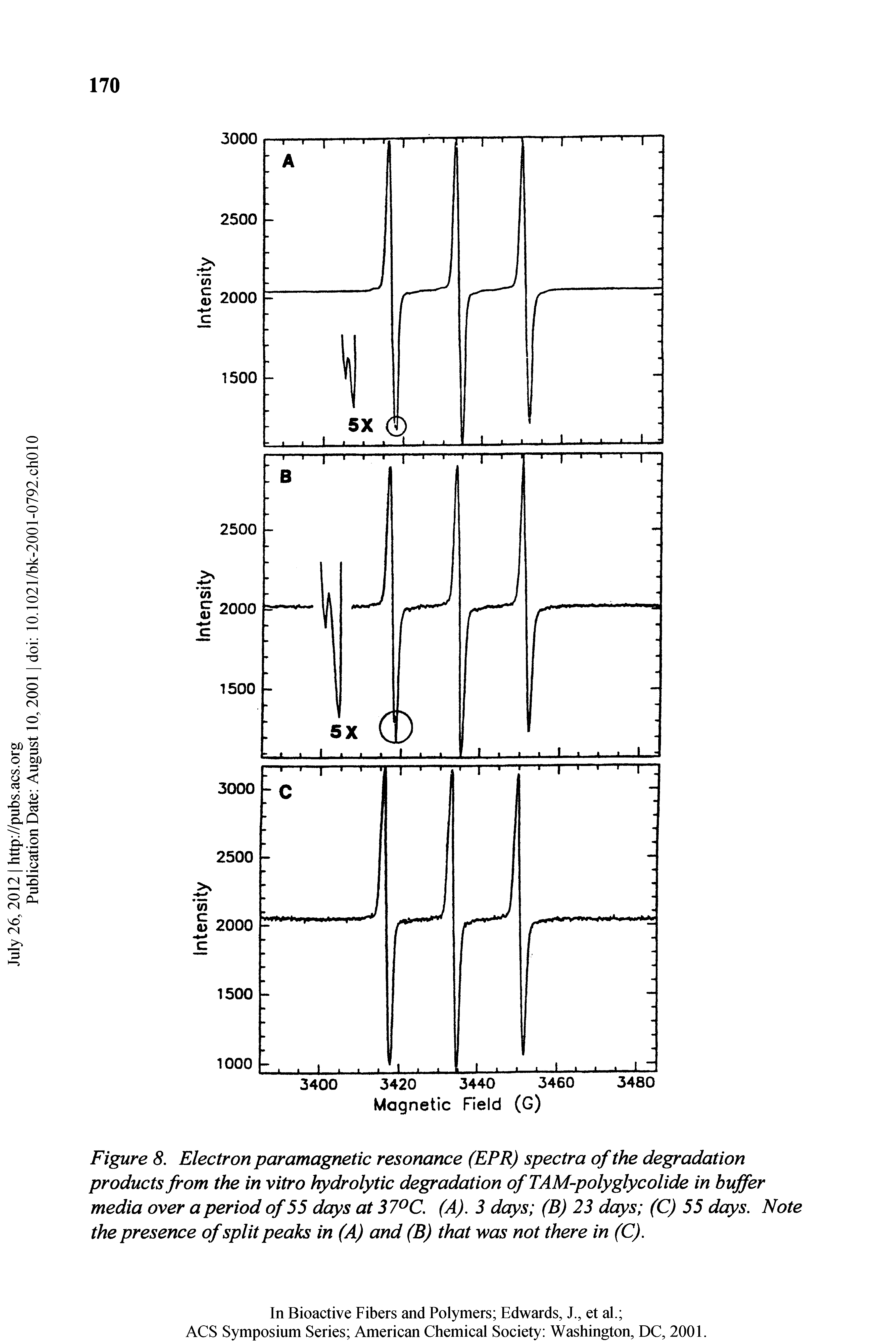 Figure 8. Electron paramagnetic resonance (EPR) spectra of the degradation products from the in vitro hydrolytic degradation of TAM-polyglycolide in buffer media over a period of 55 days at 37 C. (A). 3 days (B) 23 days (C) 55 days. Note the presence of split peaks in (A) and (B) that was not there in (C).
