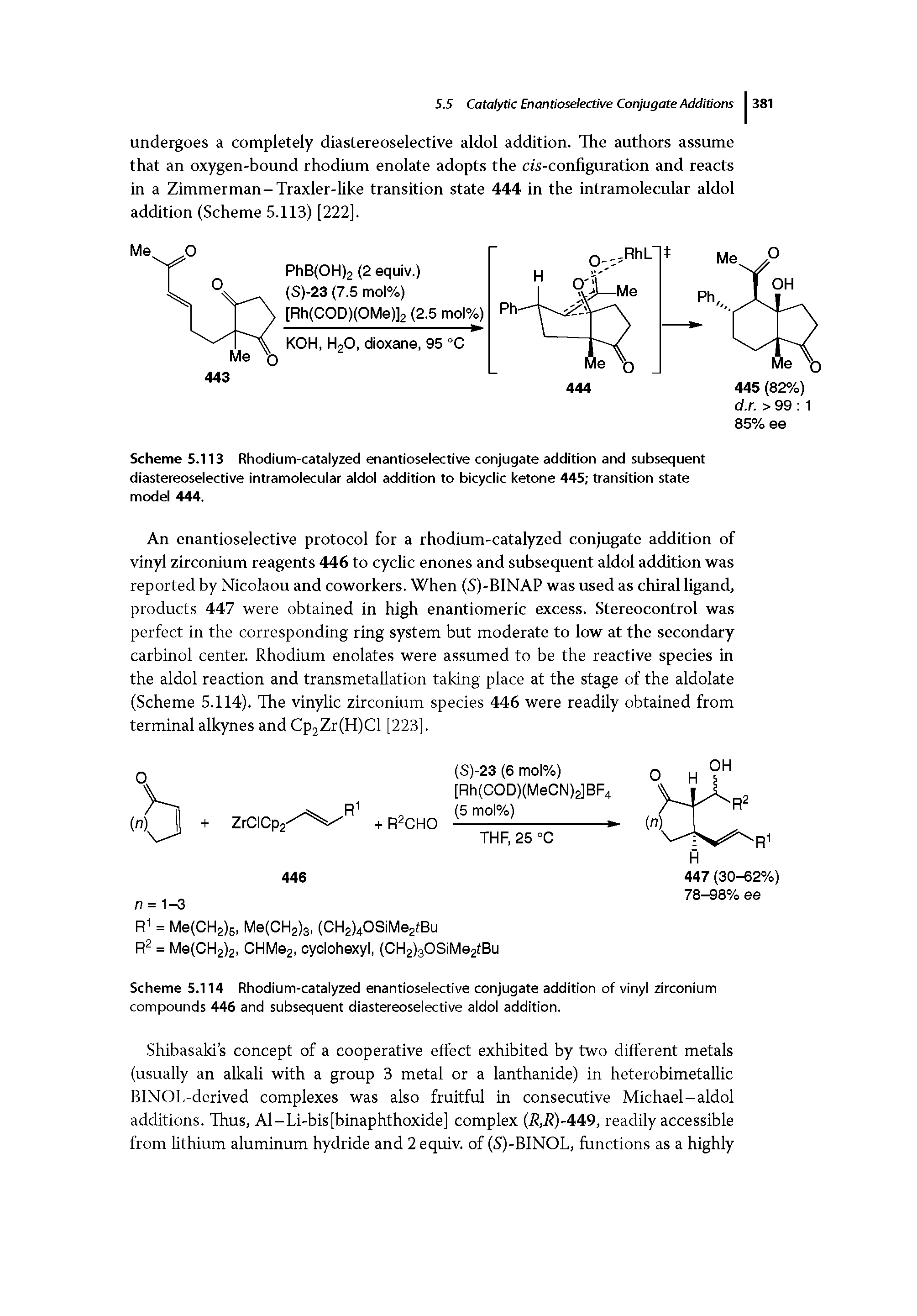 Scheme 5.114 Rhodium-catalyzed enantioselective conjugate addition of vinyl zirconium compounds 446 and subsequent diastereoselective aldol addition.