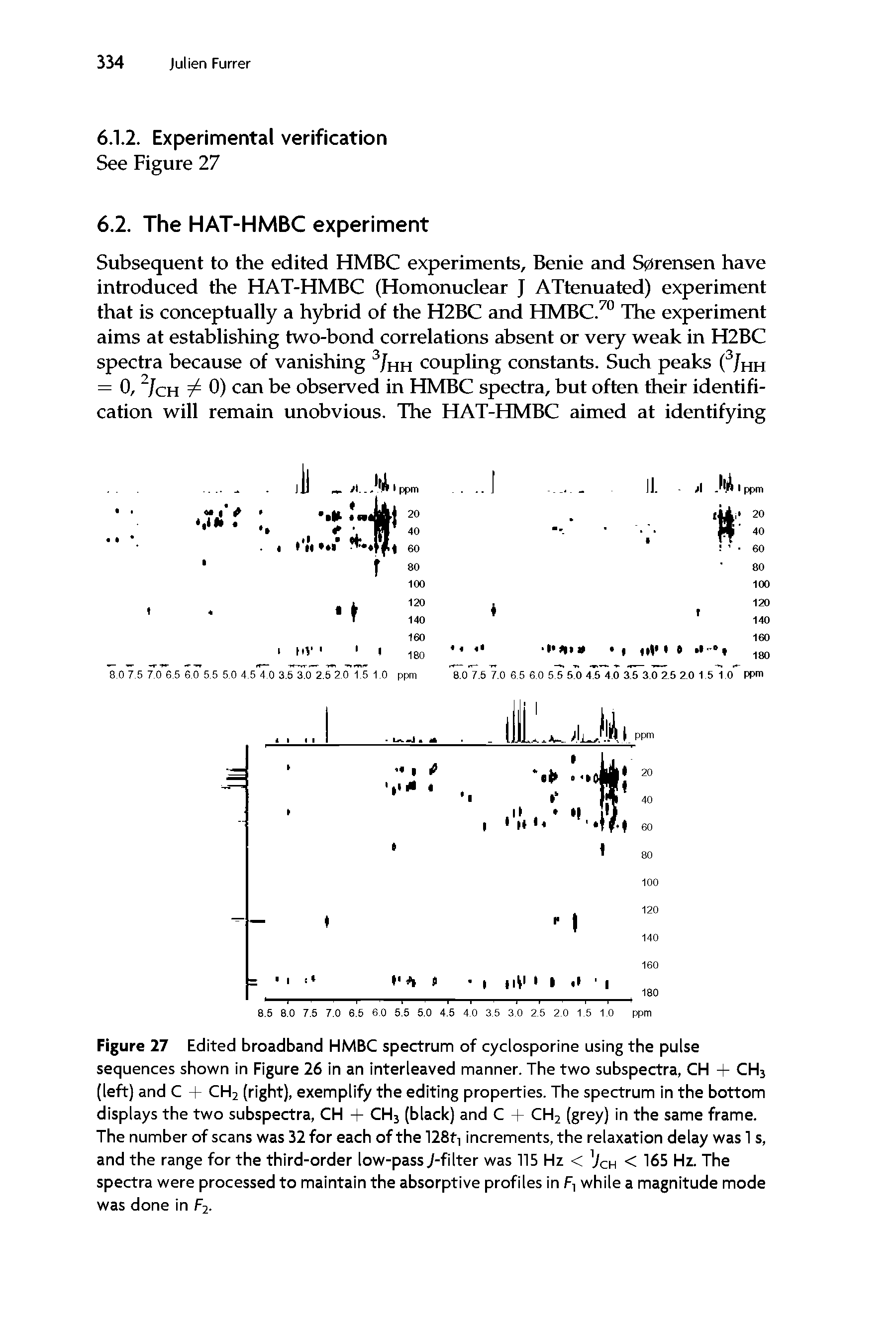 Figure 27 Edited broadband HMBC spectrum of cyclosporine using the pulse sequences shown in Figure 26 in an interleaved manner. The two subspectra, CH + CH3 (left) and C + CH2 (right), exemplify the editing properties. The spectrum in the bottom displays the two subspectra, CH + CH3 (black) and C + CH2 (grey) in the same frame. The number of scans was 32 for each of the 128fi increments, the relaxation delay was 1 s, and the range for the third-order low-pass. /-filter was 115 Hz < Vch < 165 Hz. The spectra were processed to maintain the absorptive profiles in F, while a magnitude mode was done in F2.