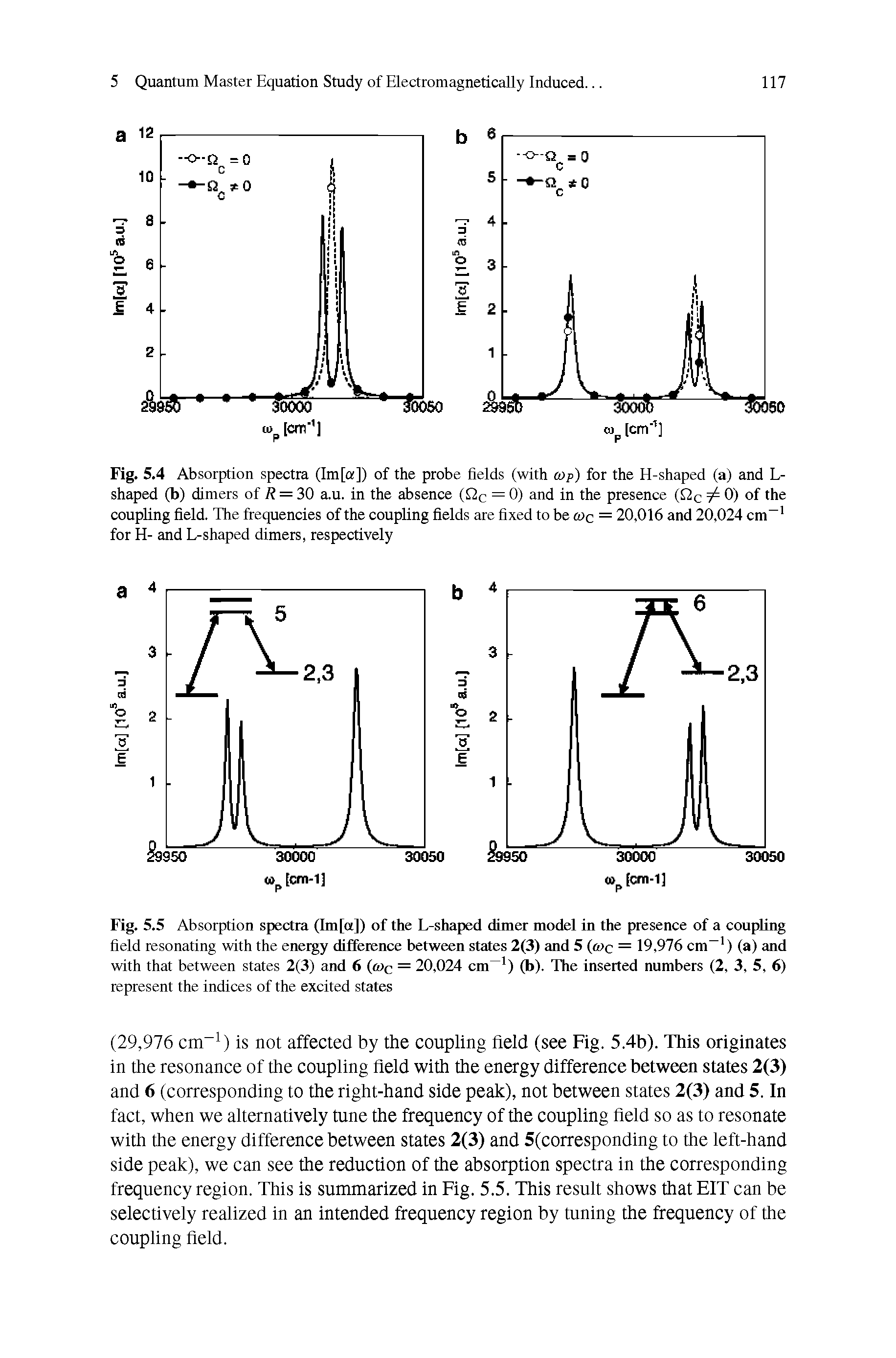 Fig. 5.5 Absorption spectra (Im[a]) of the L-shaped dimer model in the presence of a coupling field resonating with the energy difference between states 2(3) and 5 (tuc = 19,976 cm ) (a) and with that between states 2(3) and 6 (tuc = 20,024 cm ) (b). The inserted numbers (2, 3, 5, 6) represent the indices of the excited states...