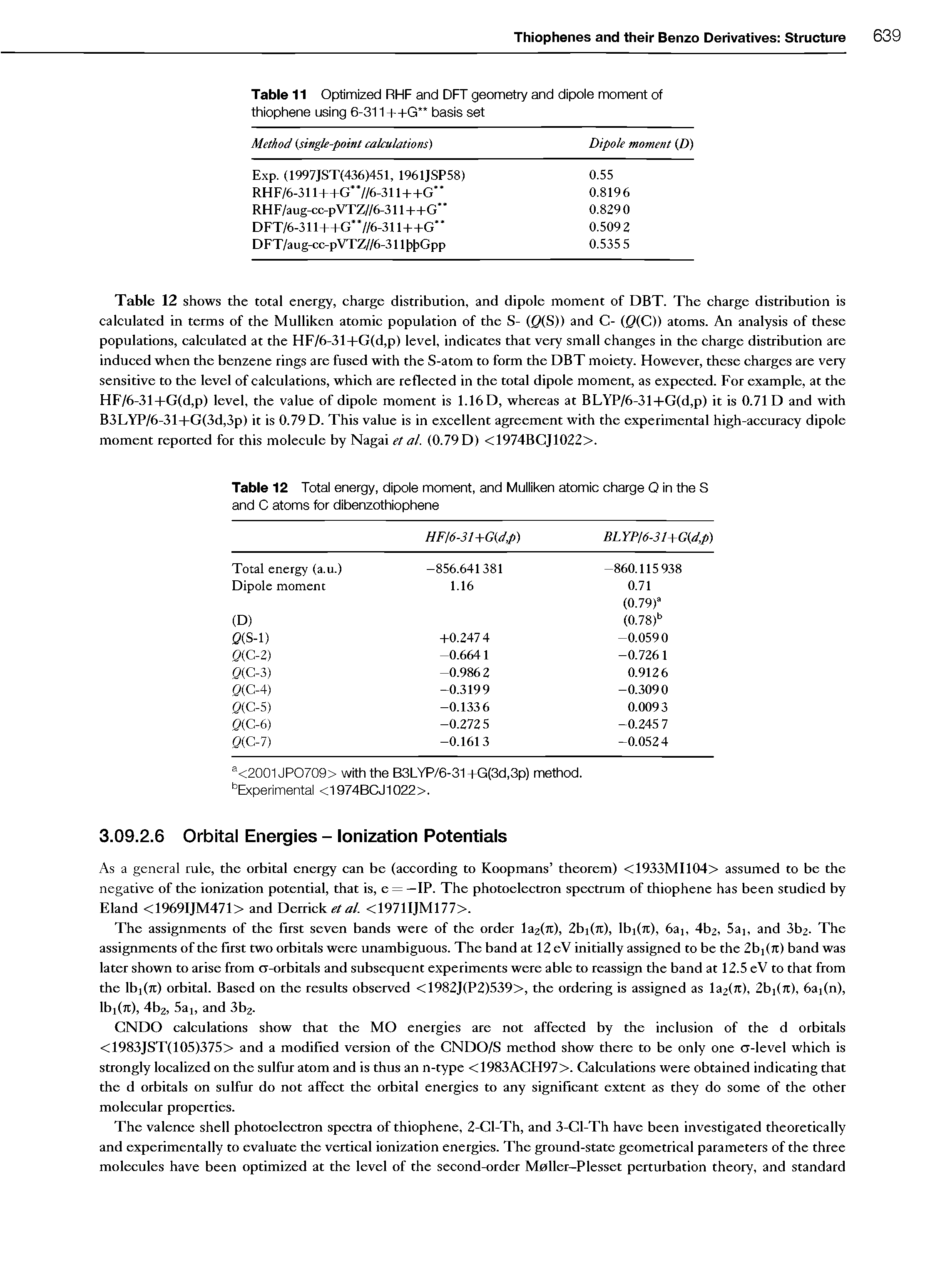 Table 12 Total energy, dipole moment, and Mulliken atomic charge Q in the S and C atoms for dibenzothiophene...