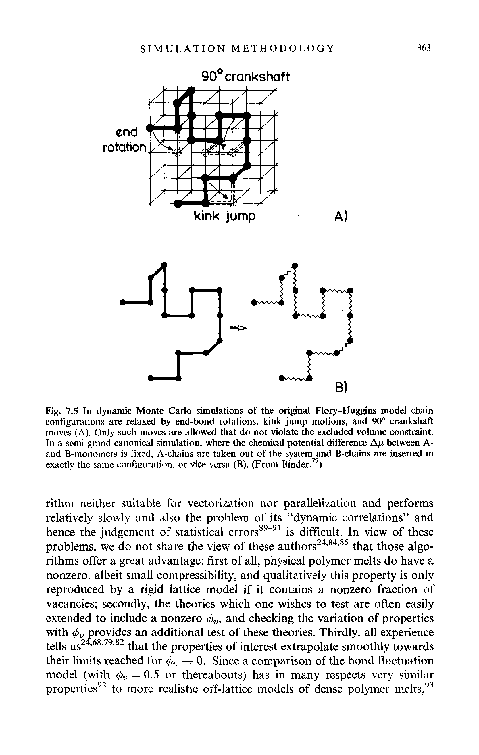 Fig. 7.5 In dynamic Monte Carlo simuiations of the original Fiory-Huggins modei ehain configurations are relaxed by end-bond rotations, kink jump motions, and 90° crankshaft moves (A). Only such moves are allowed that do not violate the excluded voltmie constraint. In a semi-grand-canonical simulation, where the chemical potential difference A/x between A-and B-monomers is fixed, A-chains are taken out of the system and B-chains are inserted in exactly the same configuration, or vice versa (B). (From Binder. )...